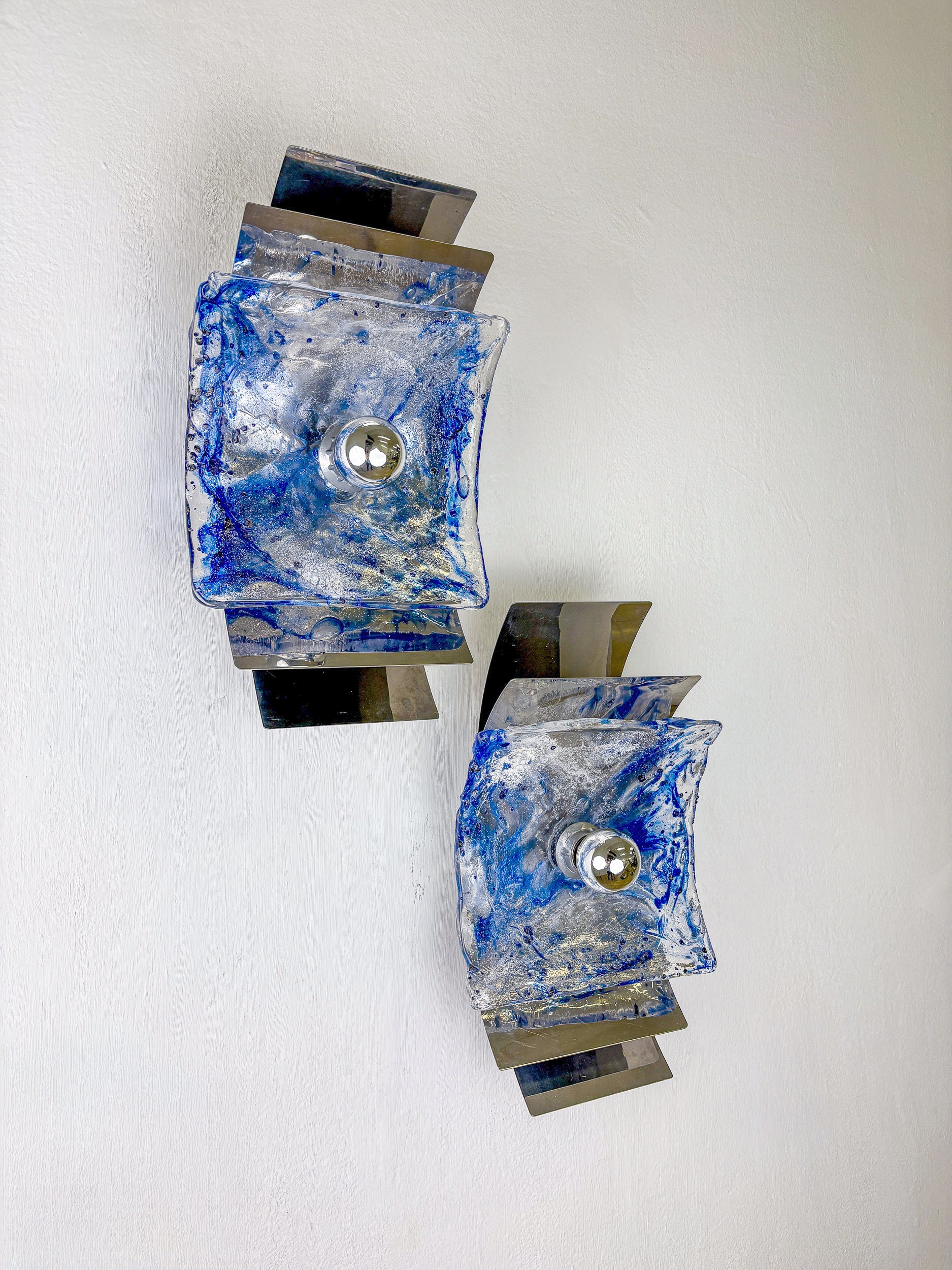 Pair of Murano Mazzega Blue & Clear Glass Wall Sconces, Italy, 1970s
