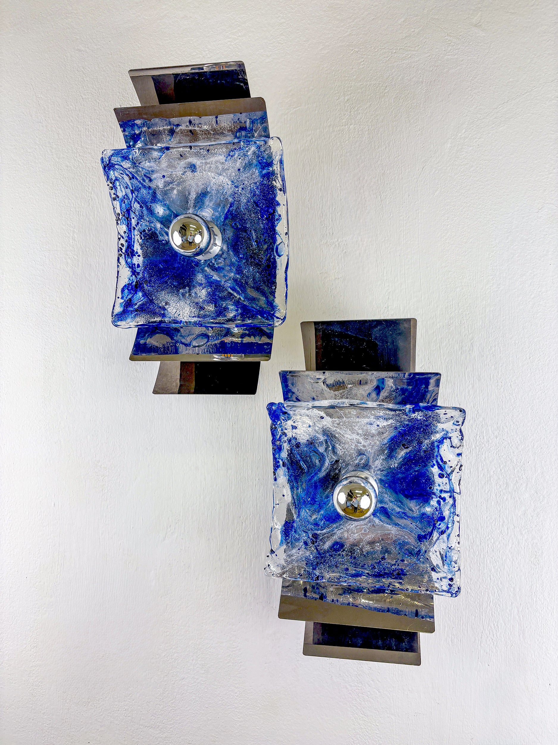 Pair of Murano Mazzega Blue & Clear Glass Wall Sconces, Italy, 1970s