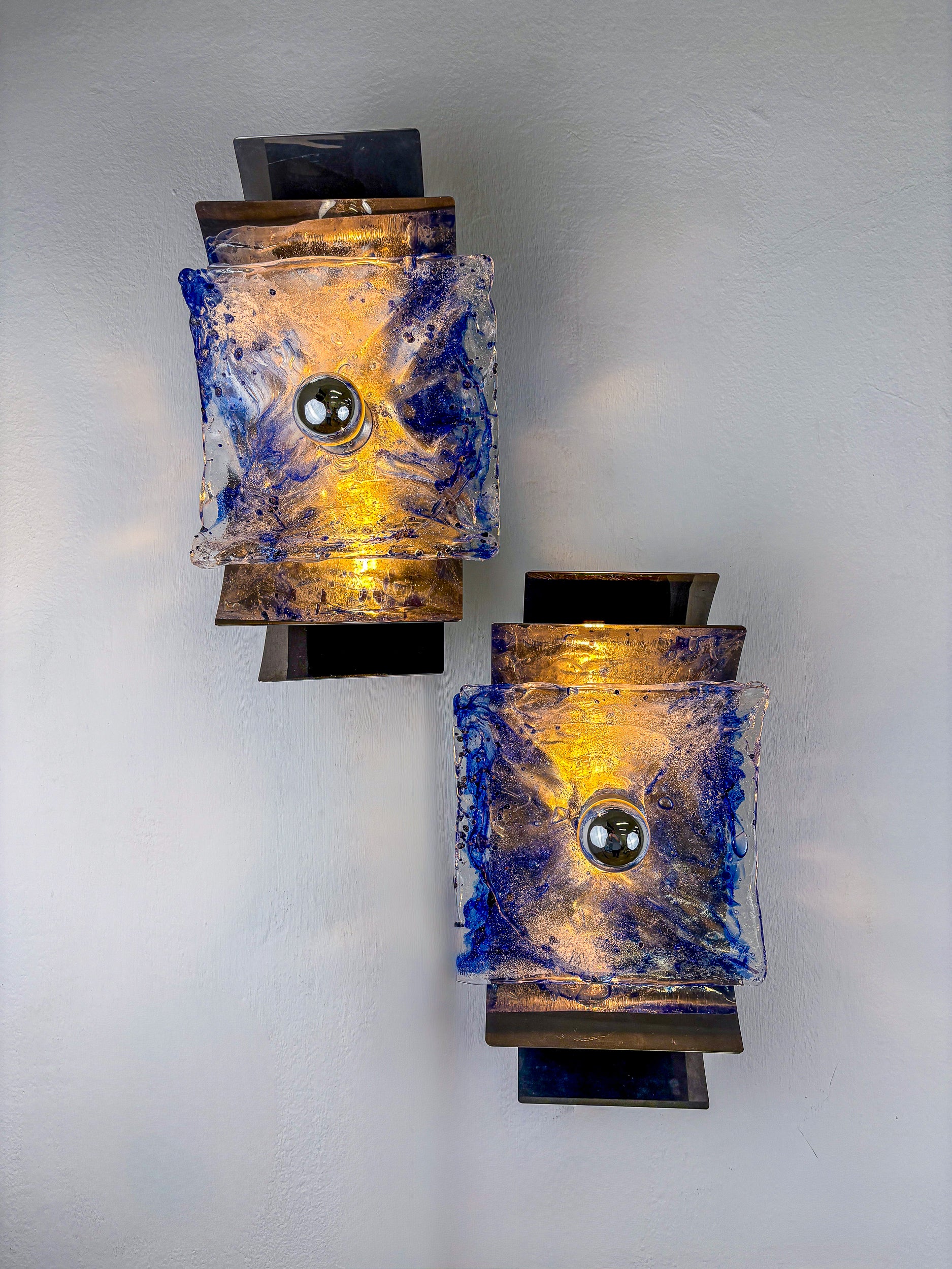 Pair of Murano Mazzega Blue & Clear Glass Wall Sconces, Italy, 1970s
