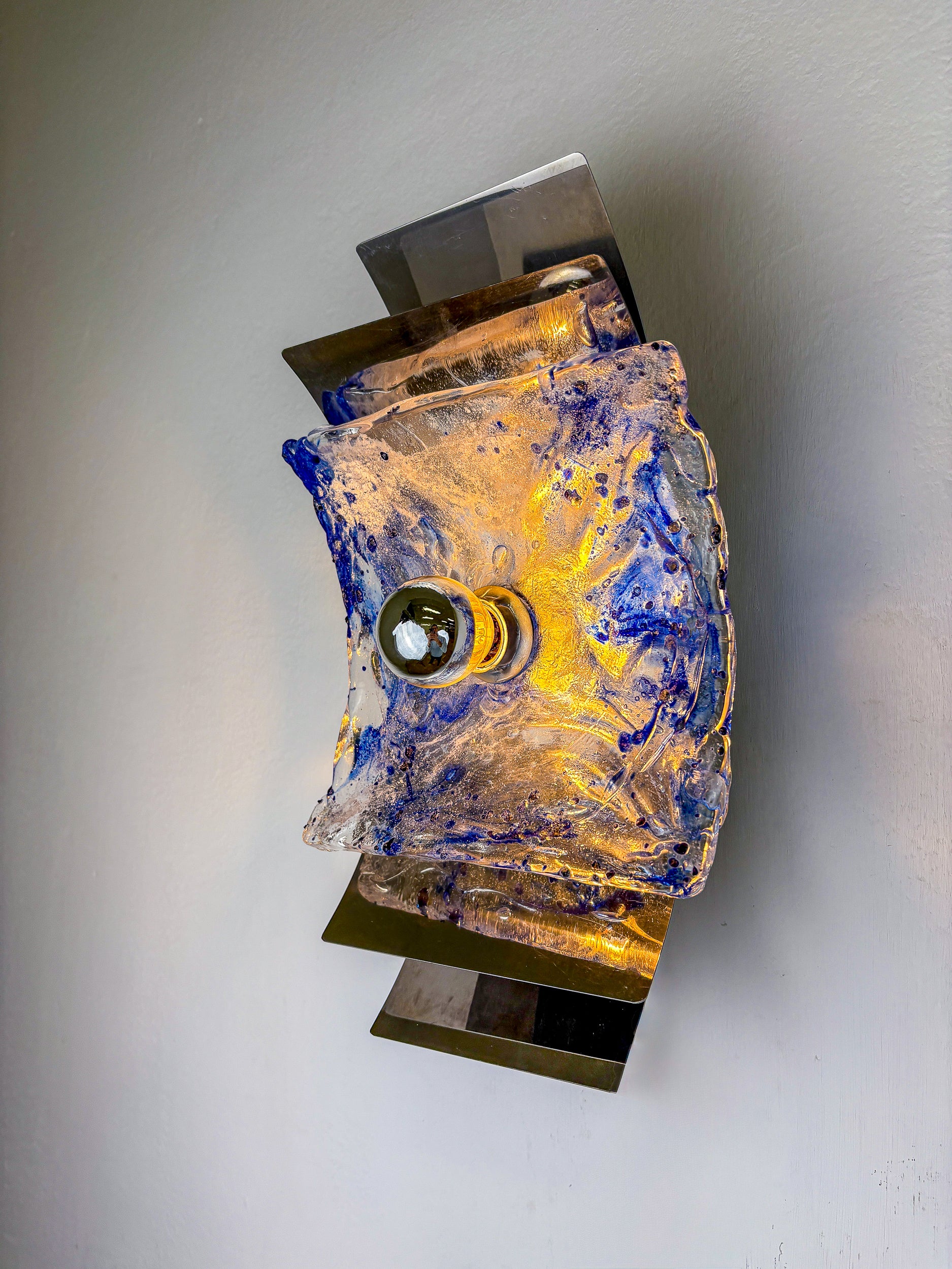 Pair of Murano Mazzega Blue & Clear Glass Wall Sconces, Italy, 1970s