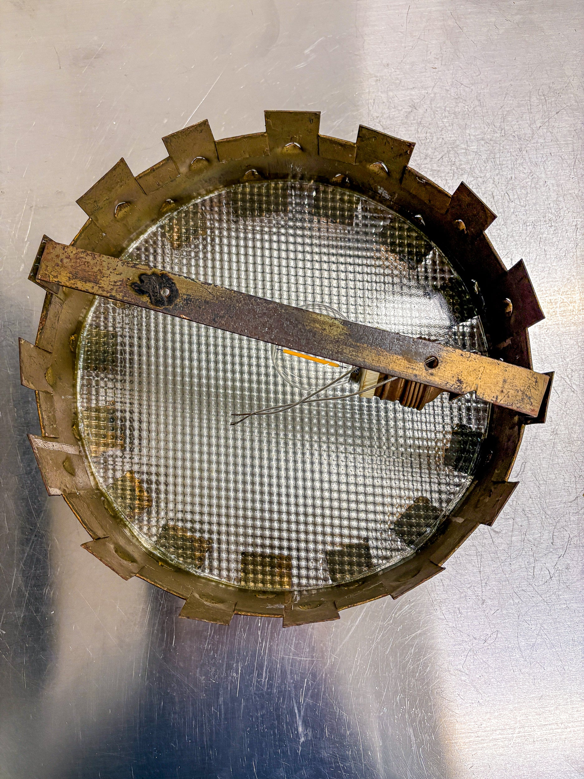 Brutalist Crown Sunburst fixture in Gilt Metal and frost Glass, France, 1960's