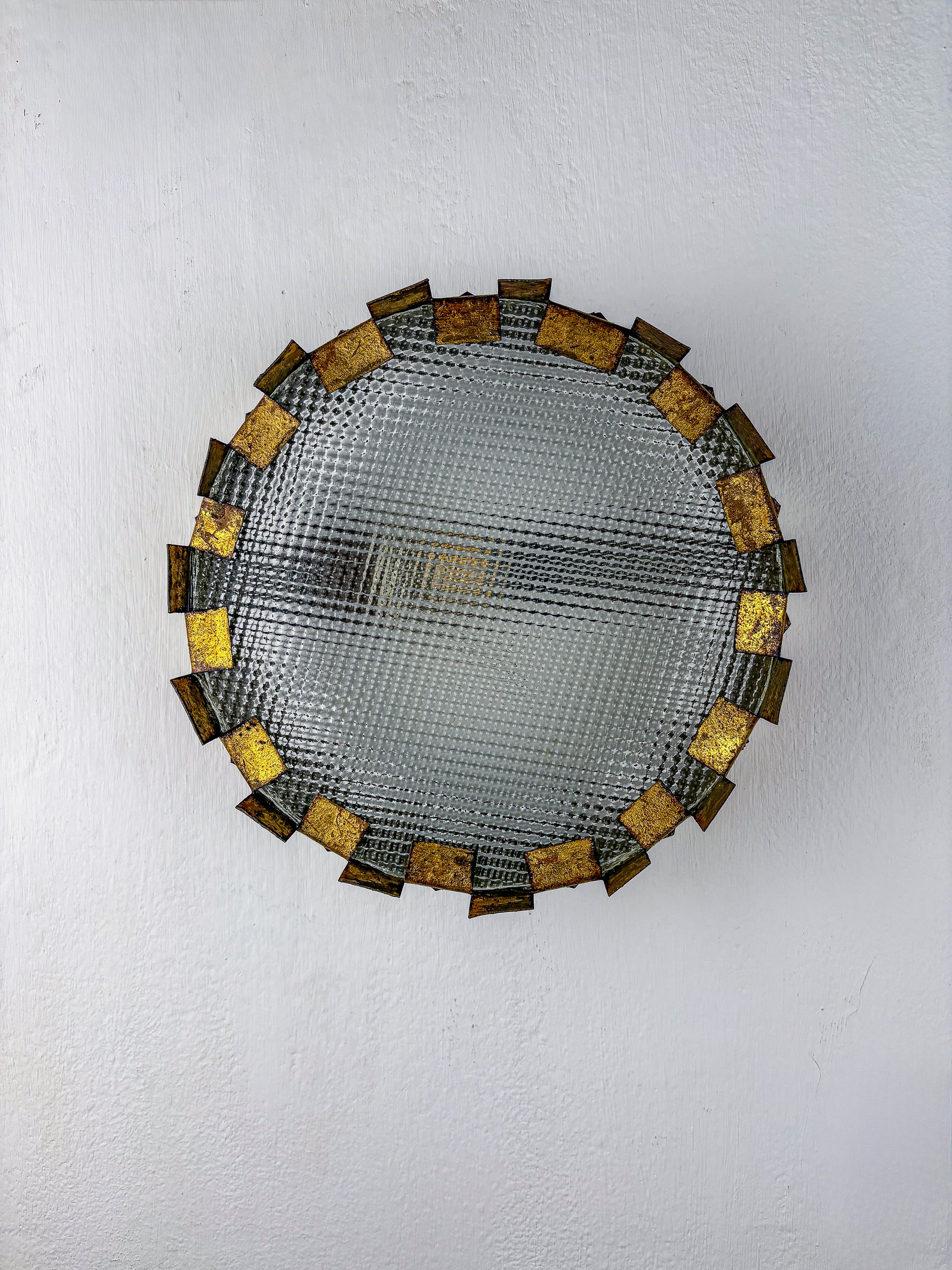 Brutalist Crown Sunburst fixture in Gilt Metal and frost Glass, France, 1960's