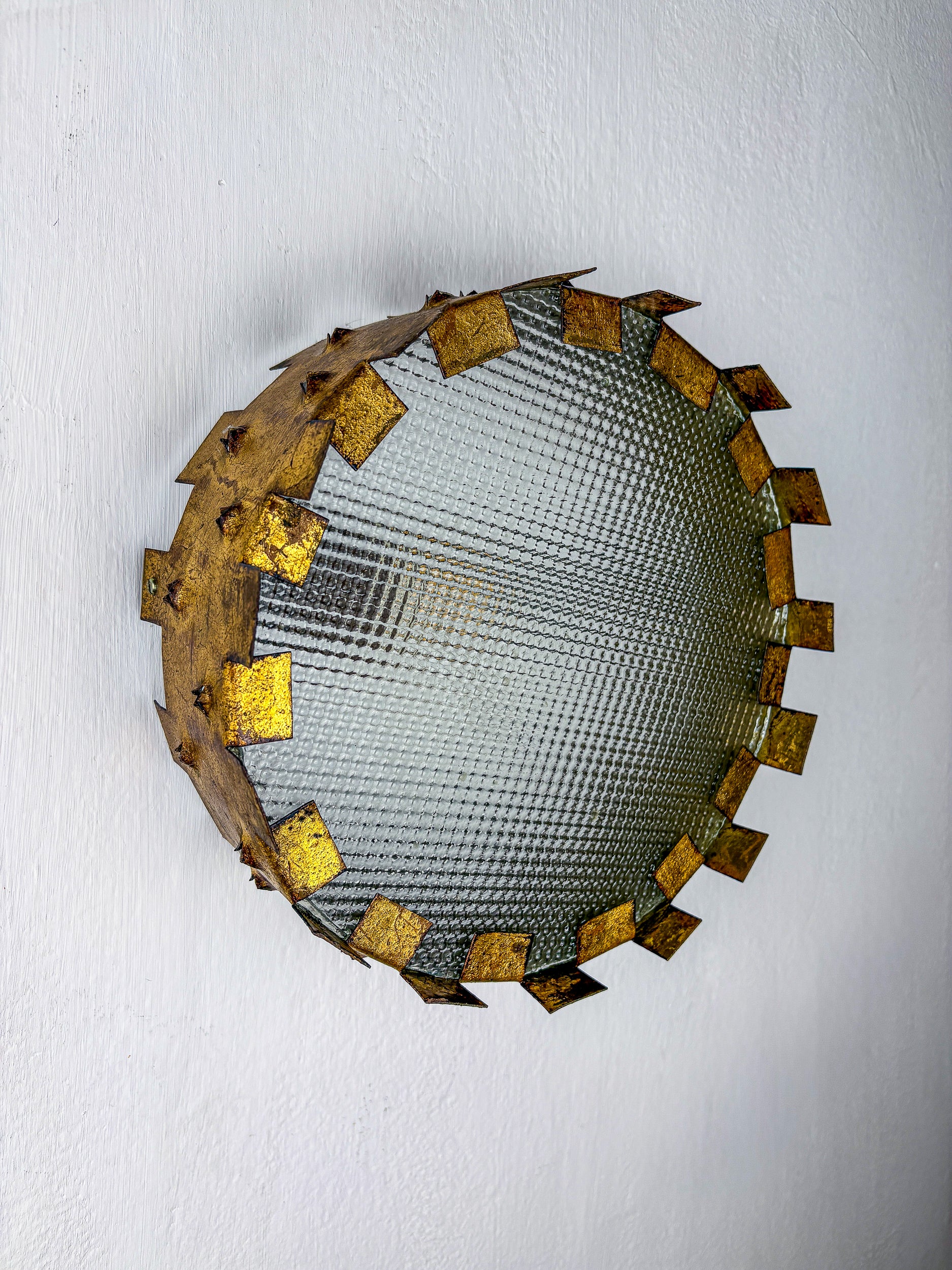 Brutalist Crown Sunburst fixture in Gilt Metal and frost Glass, France, 1960's