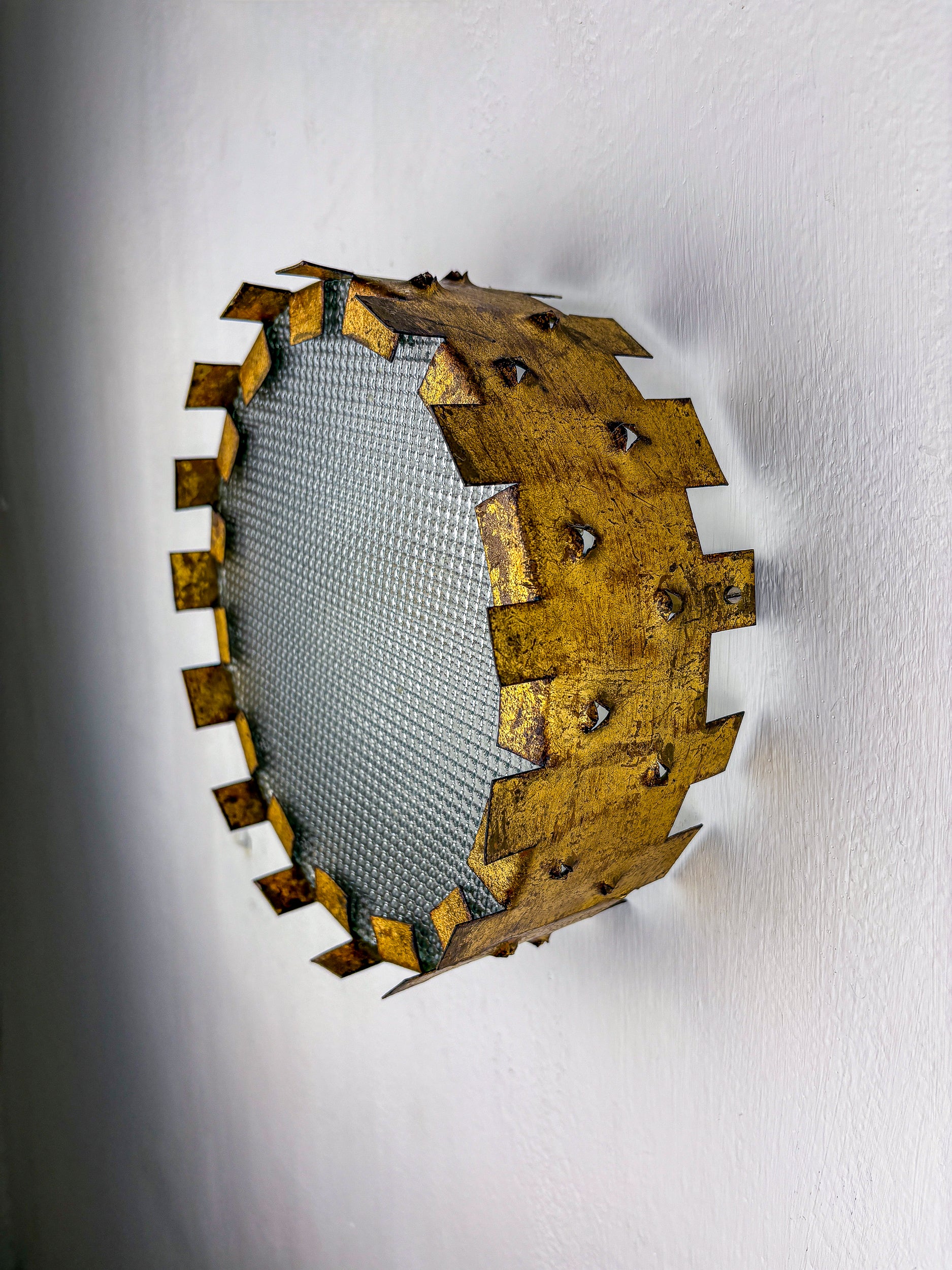 Brutalist Crown Sunburst fixture in Gilt Metal and frost Glass, France, 1960's