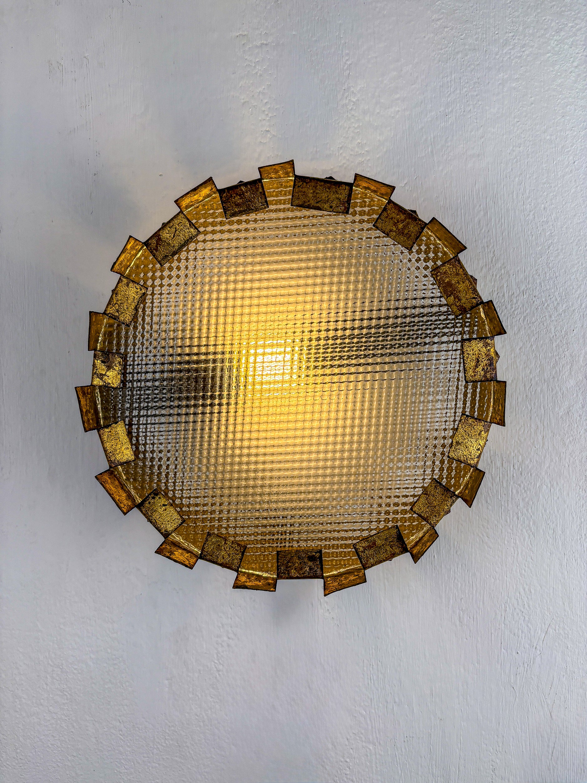 Brutalist Crown Sunburst fixture in Gilt Metal and frost Glass, France, 1960's