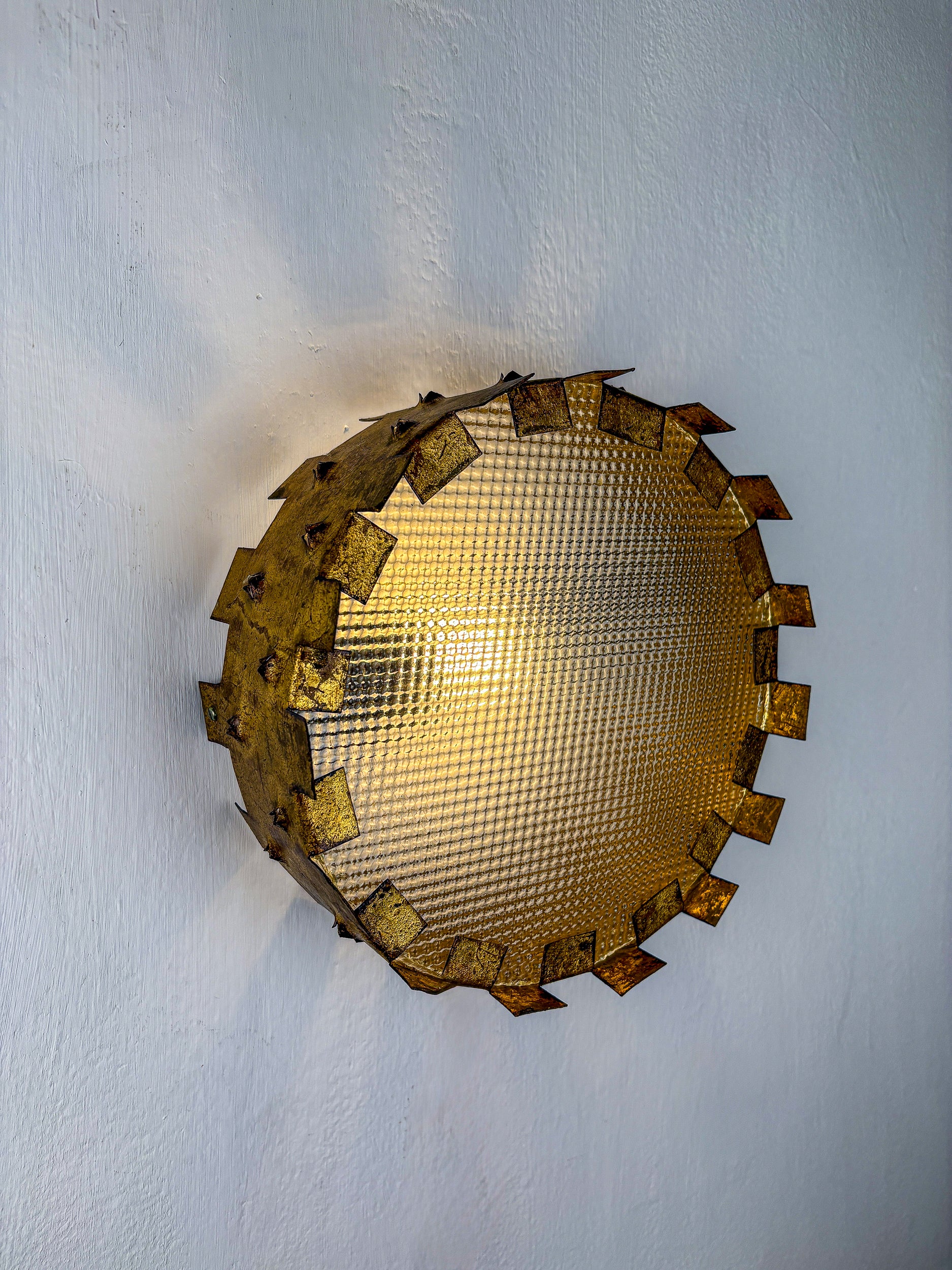 Brutalist Crown Sunburst fixture in Gilt Metal and frost Glass, France, 1960's