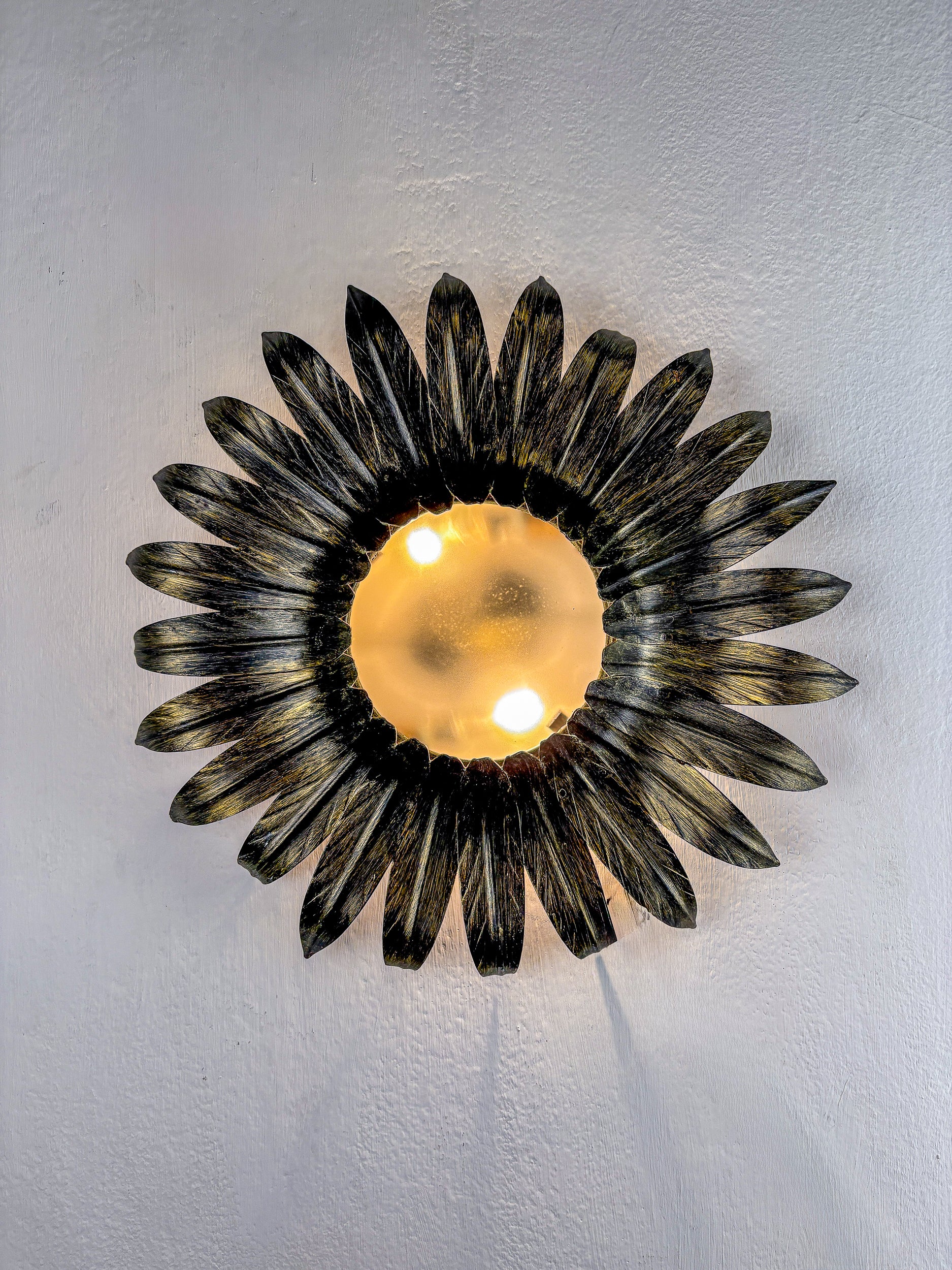 Spanish Sunburst Foliage Ceiling Light fixture in Gilt Iron, 1960s
