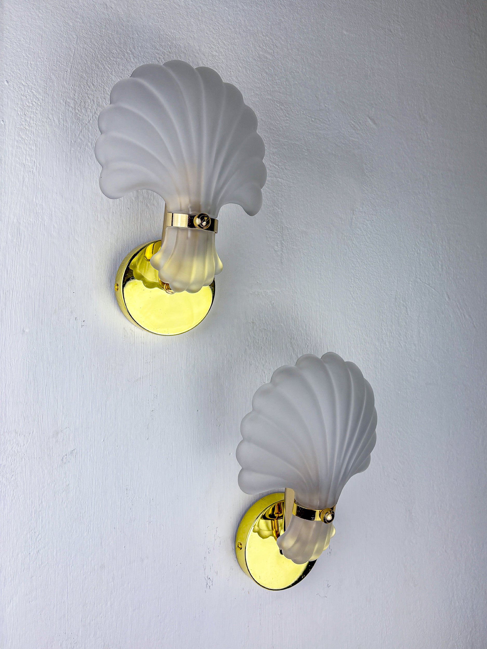 Pair of Art Deco Shell Wall Sconces – White frosted Glass, France 1970s