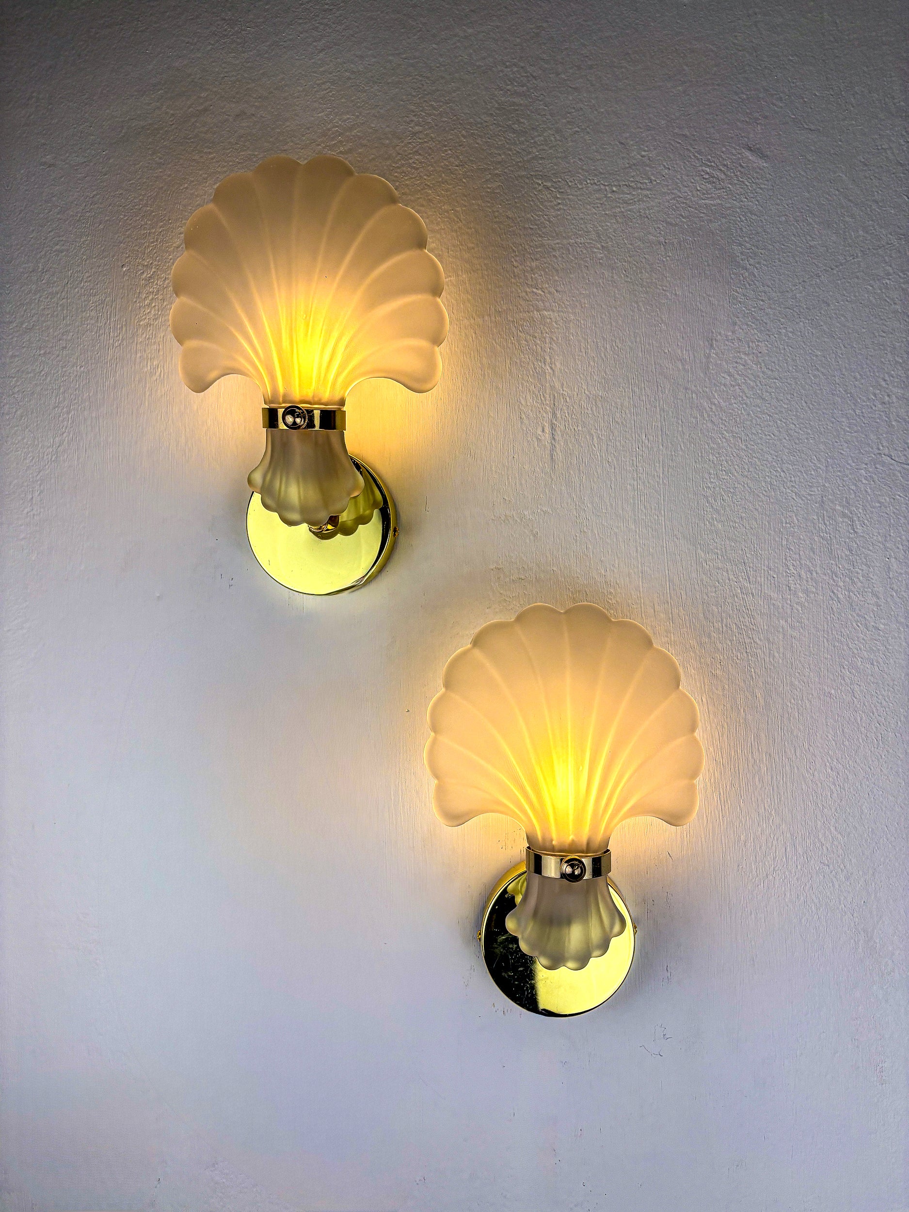 Pair of Art Deco Shell Wall Sconces – White frosted Glass, France 1970s