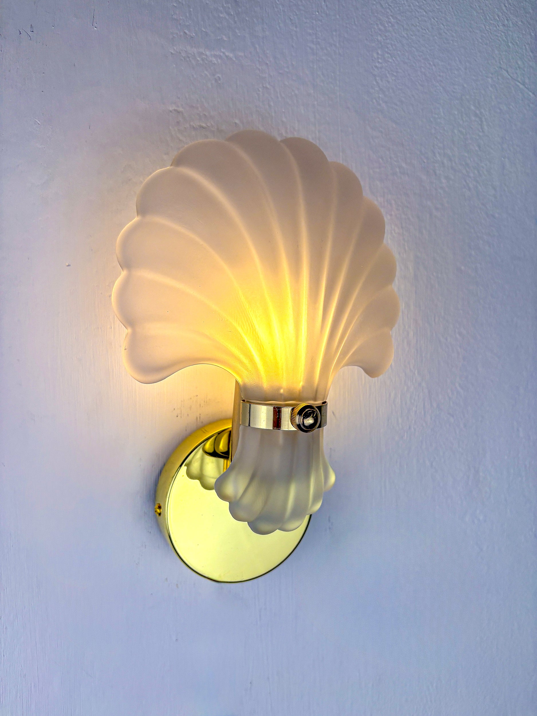 Pair of Art Deco Shell Wall Sconces – White frosted Glass, France 1970s