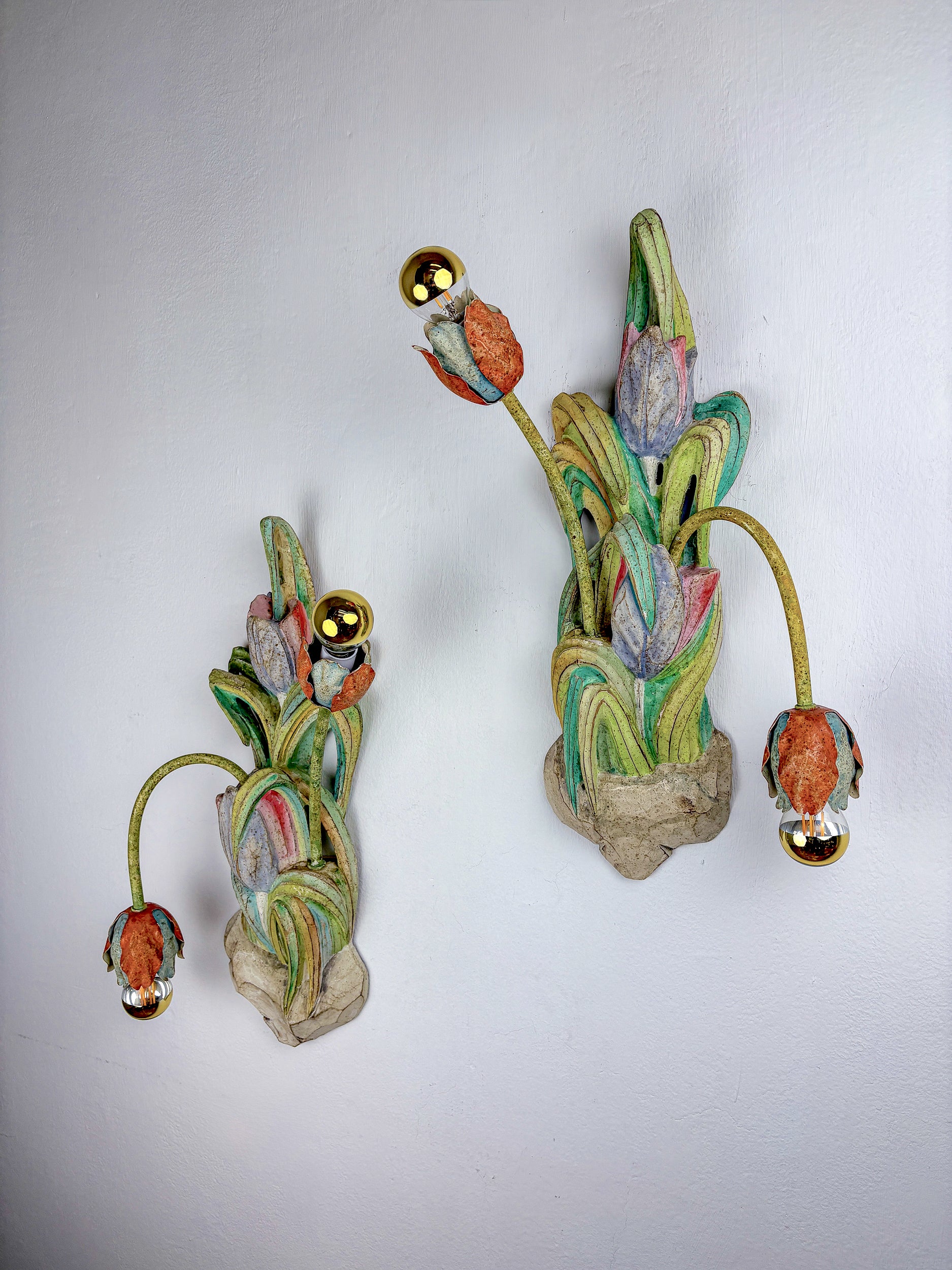 Pair of Italian Tulip and Leaf Sconces, Polychrome Wood & Metal Arms, 1960s