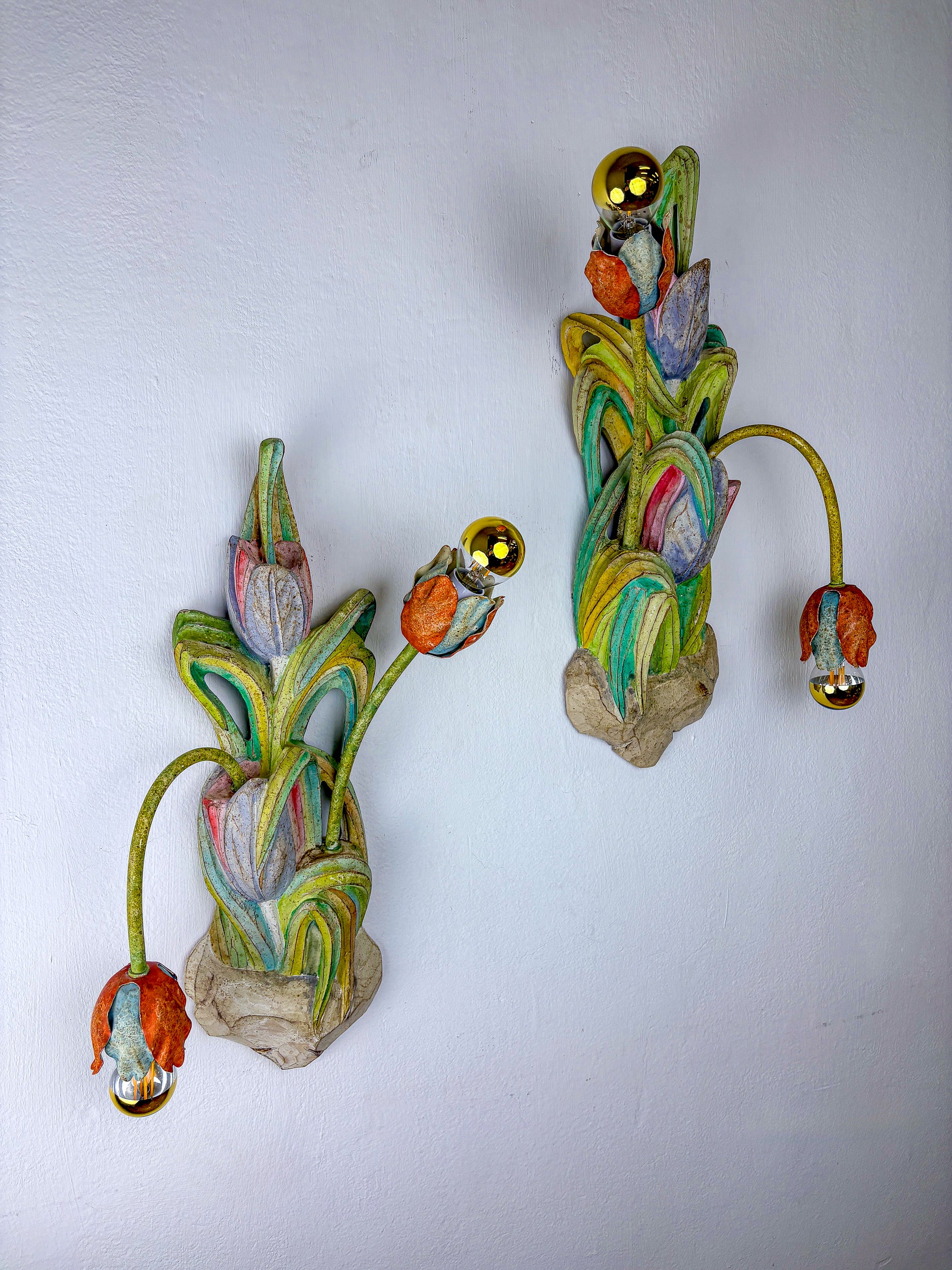 Pair of Italian Tulip and Leaf Sconces, Polychrome Wood & Metal Arms, 1960s