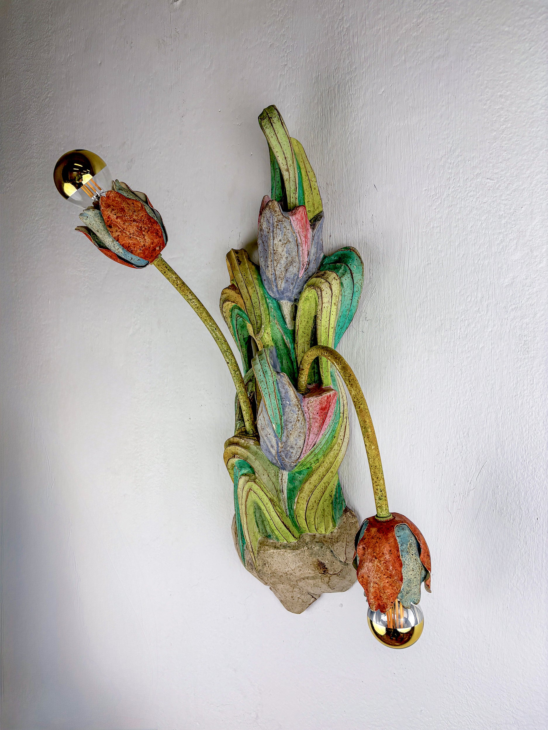 Pair of Italian Tulip and Leaf Sconces, Polychrome Wood & Metal Arms, 1960s