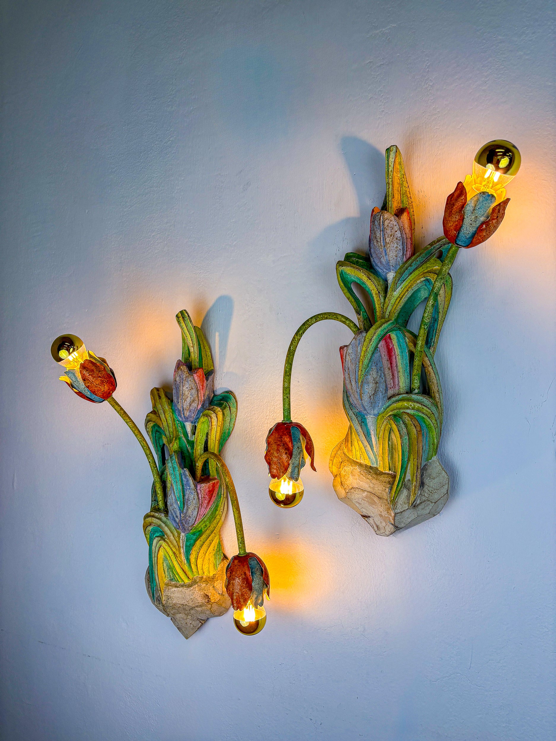 Pair of Italian Tulip and Leaf Sconces, Polychrome Wood & Metal Arms, 1960s