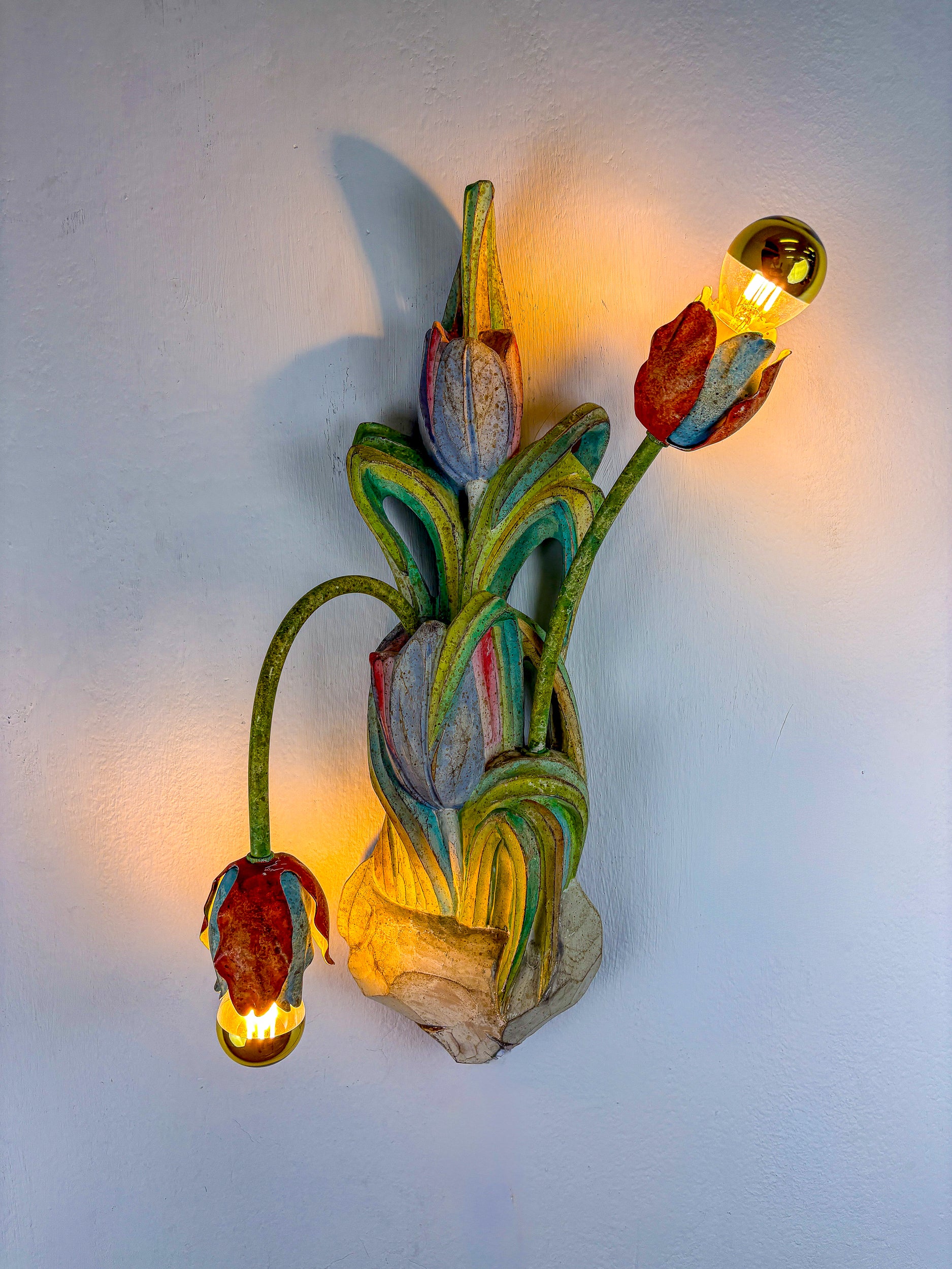 Pair of Italian Tulip and Leaf Sconces, Polychrome Wood & Metal Arms, 1960s