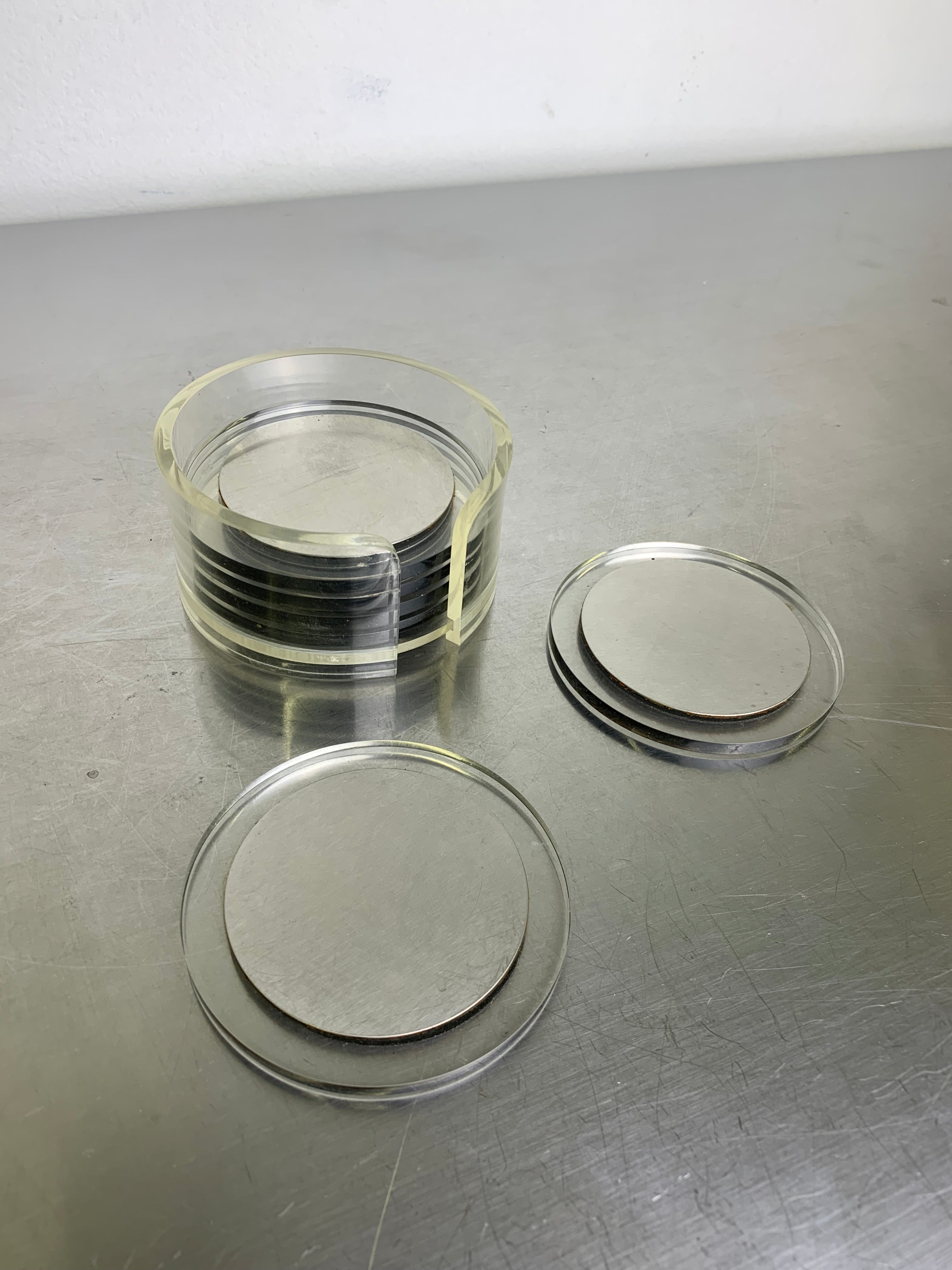 Space age Lucite & aluminium coasters, set of 6, Italy, 1980's