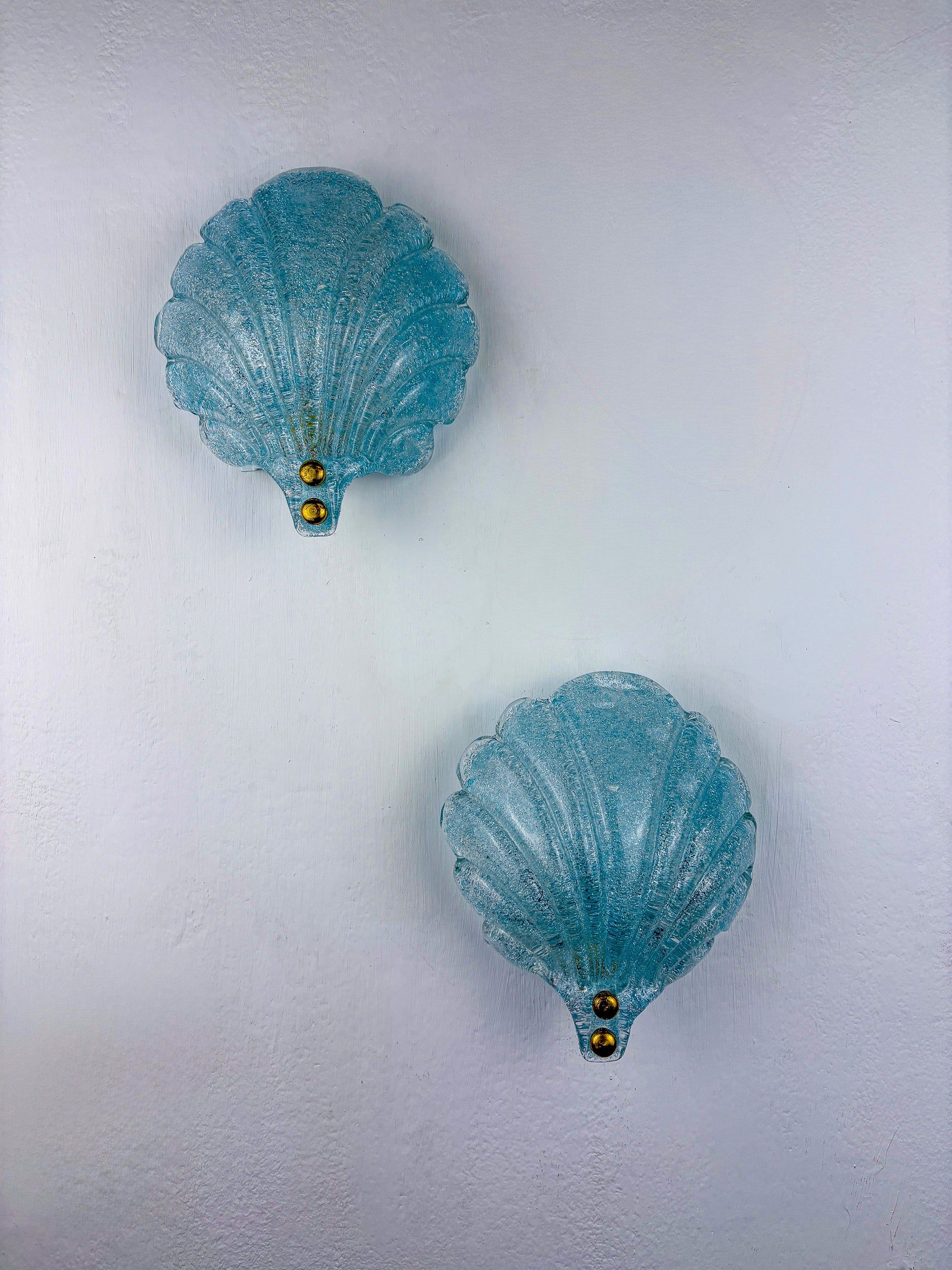Pair of Shell shaped Frosted blue Murano Glass Wall Sconces, Italy, 1970's
