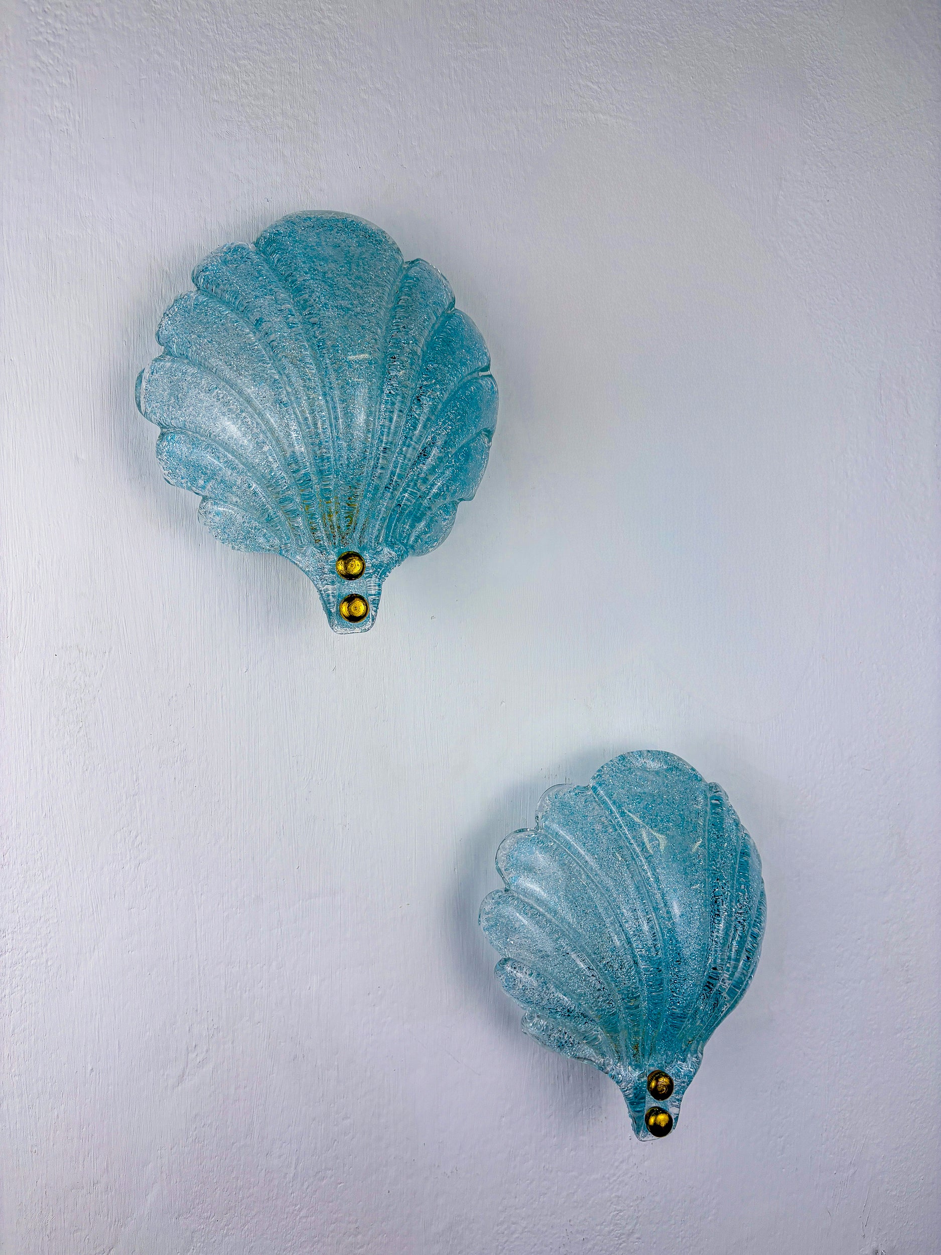 Pair of Shell shaped Frosted blue Murano Glass Wall Sconces, Italy, 1970's