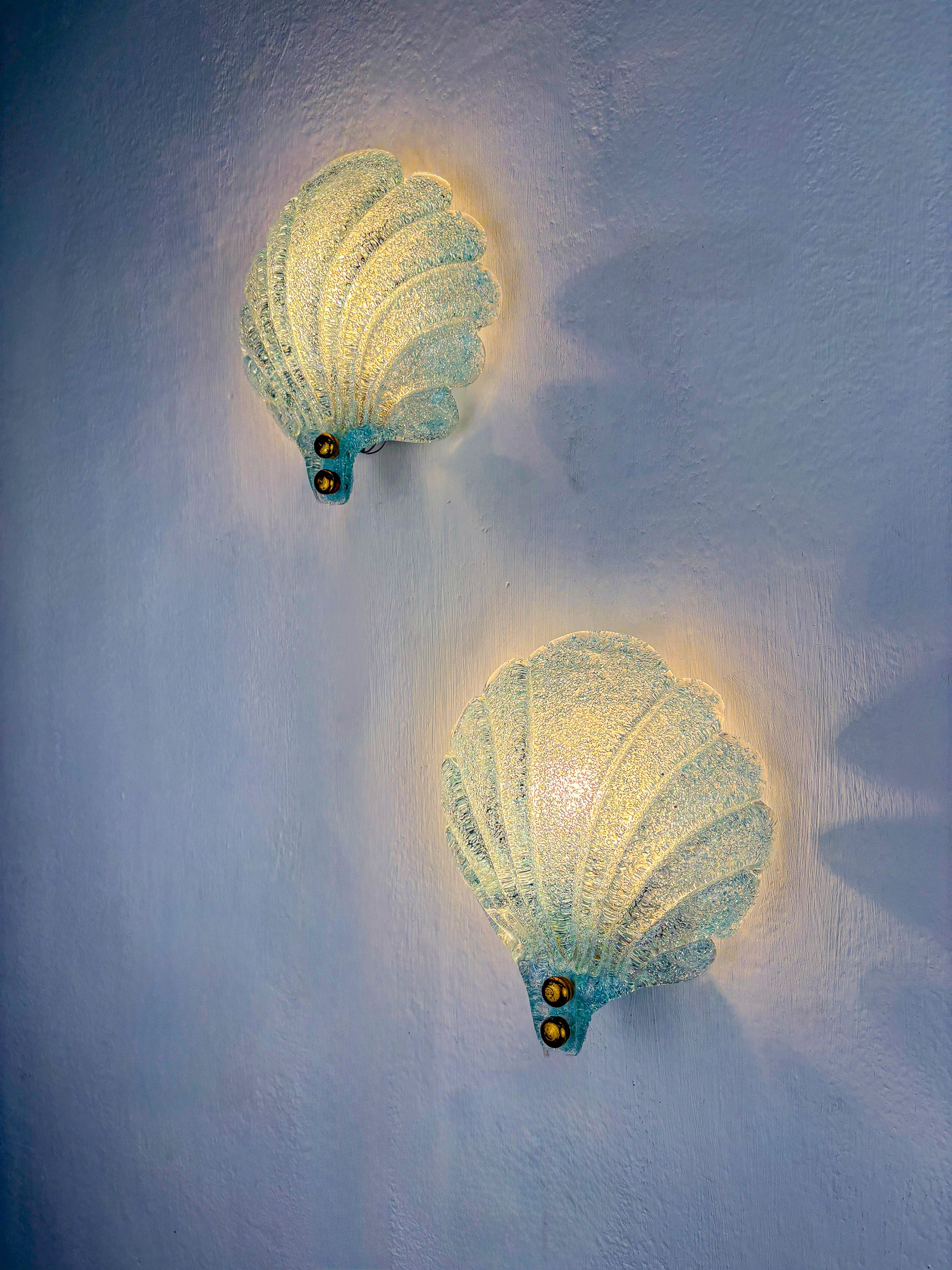 Pair of Shell shaped Frosted blue Murano Glass Wall Sconces, Italy, 1970's