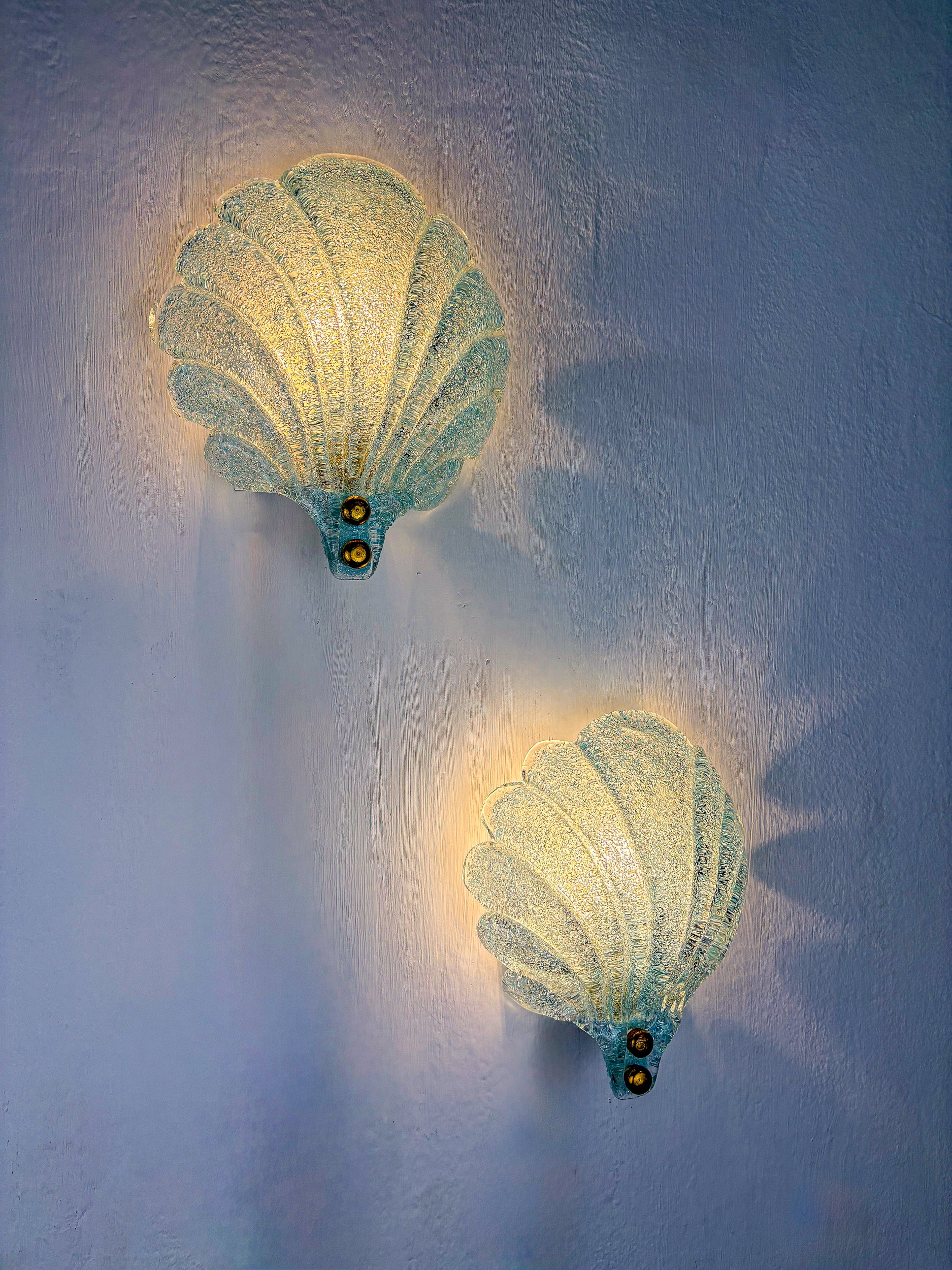 Pair of Shell shaped Frosted blue Murano Glass Wall Sconces, Italy, 1970's