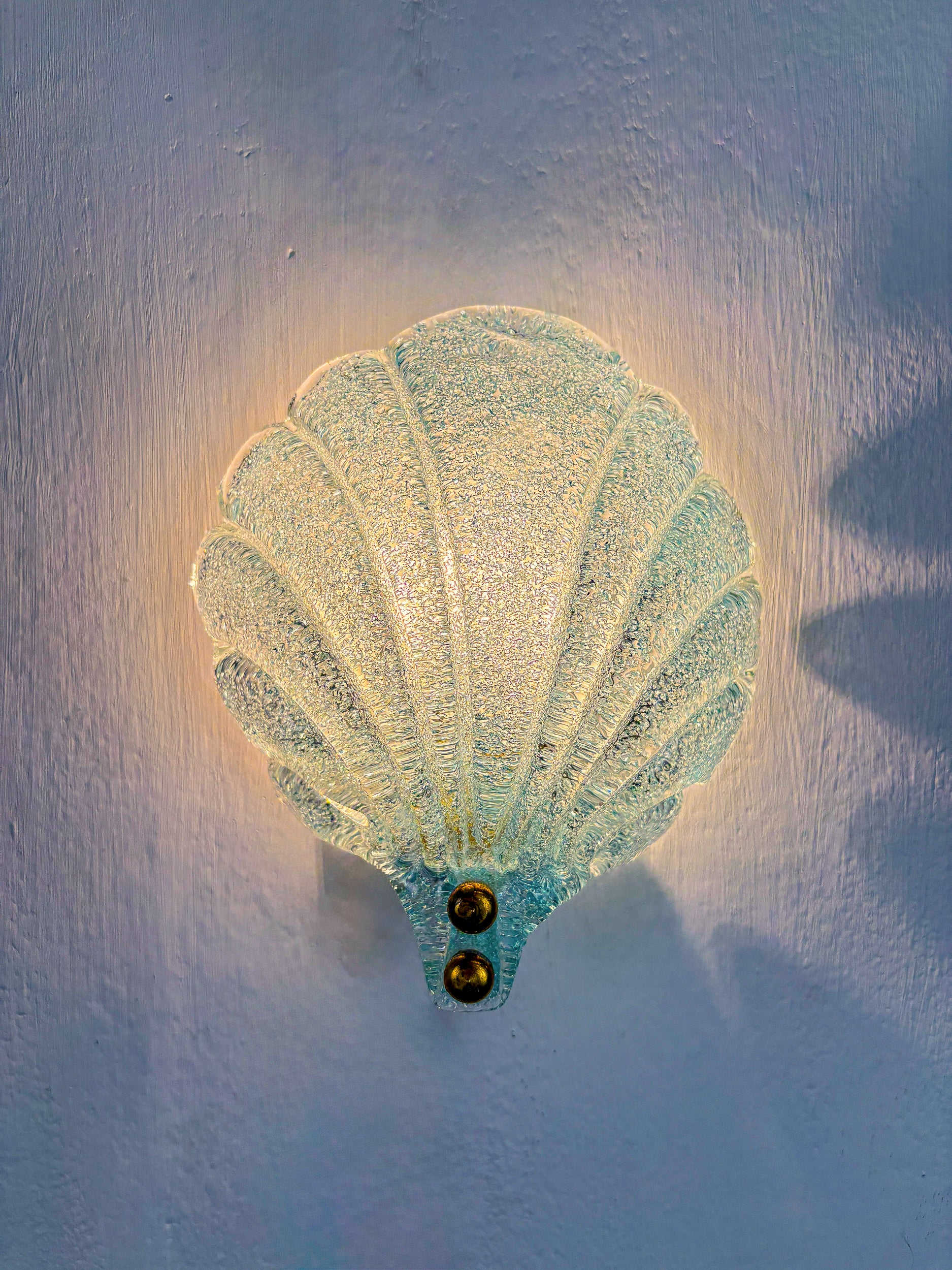 Pair of Shell shaped Frosted blue Murano Glass Wall Sconces, Italy, 1970's