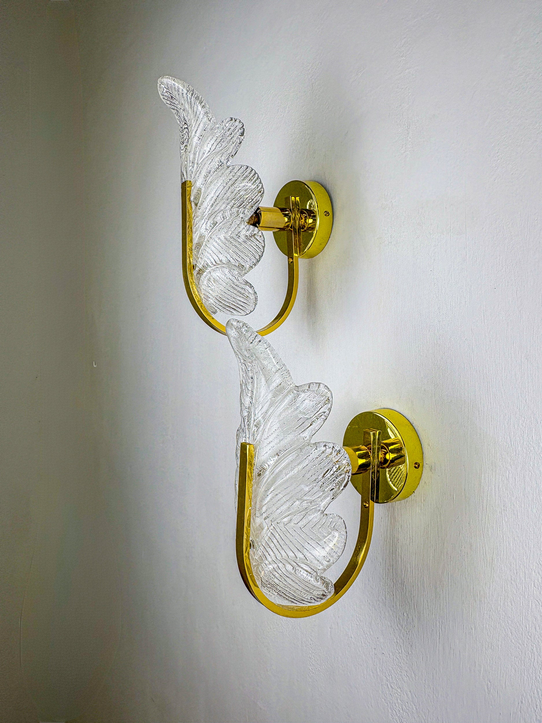 Pair of Italian Leaf wall Sconces, frosted murano Glass & Gilt Details, Circa 1970's