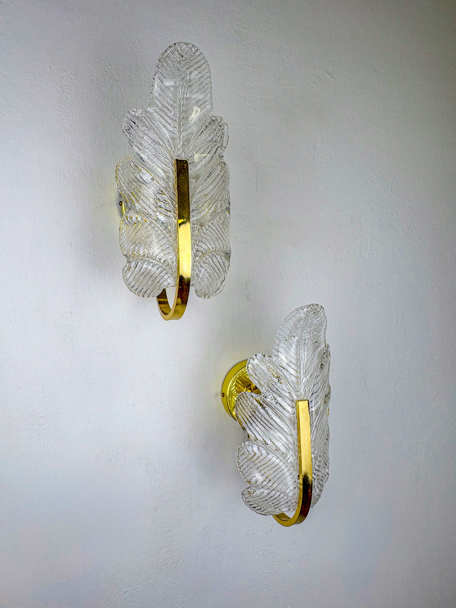 Pair of Italian Leaf wall Sconces, frosted murano Glass & Gilt Details, Circa 1970's