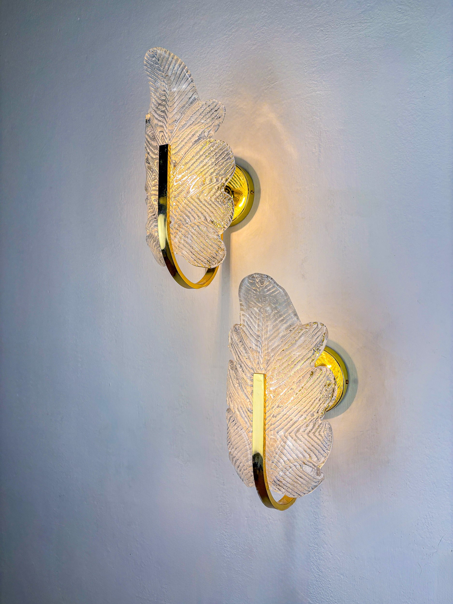 Pair of Italian Leaf wall Sconces, frosted murano Glass & Gilt Details, Circa 1970's