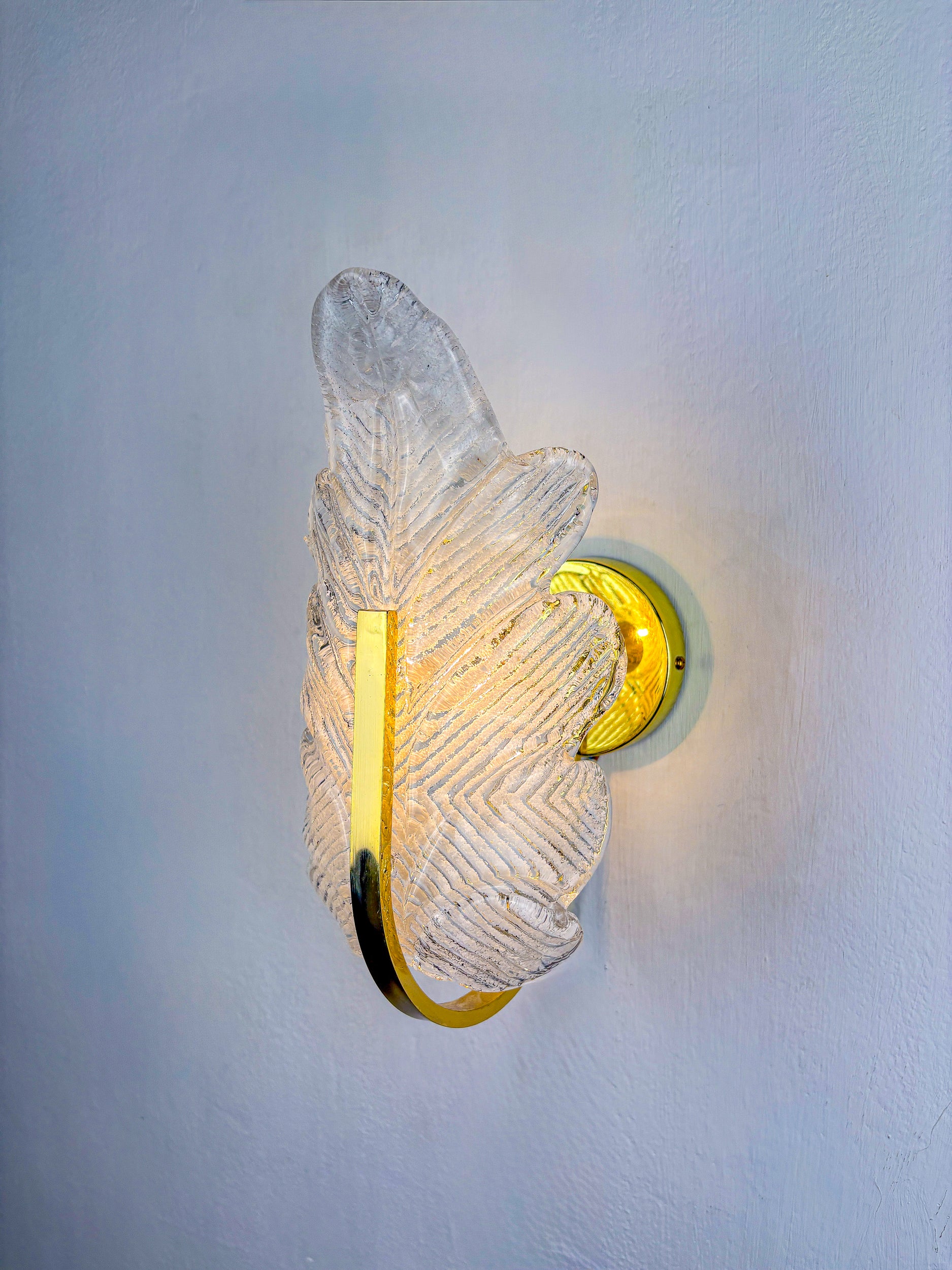 Pair of Italian Leaf wall Sconces, frosted murano Glass & Gilt Details, Circa 1970's