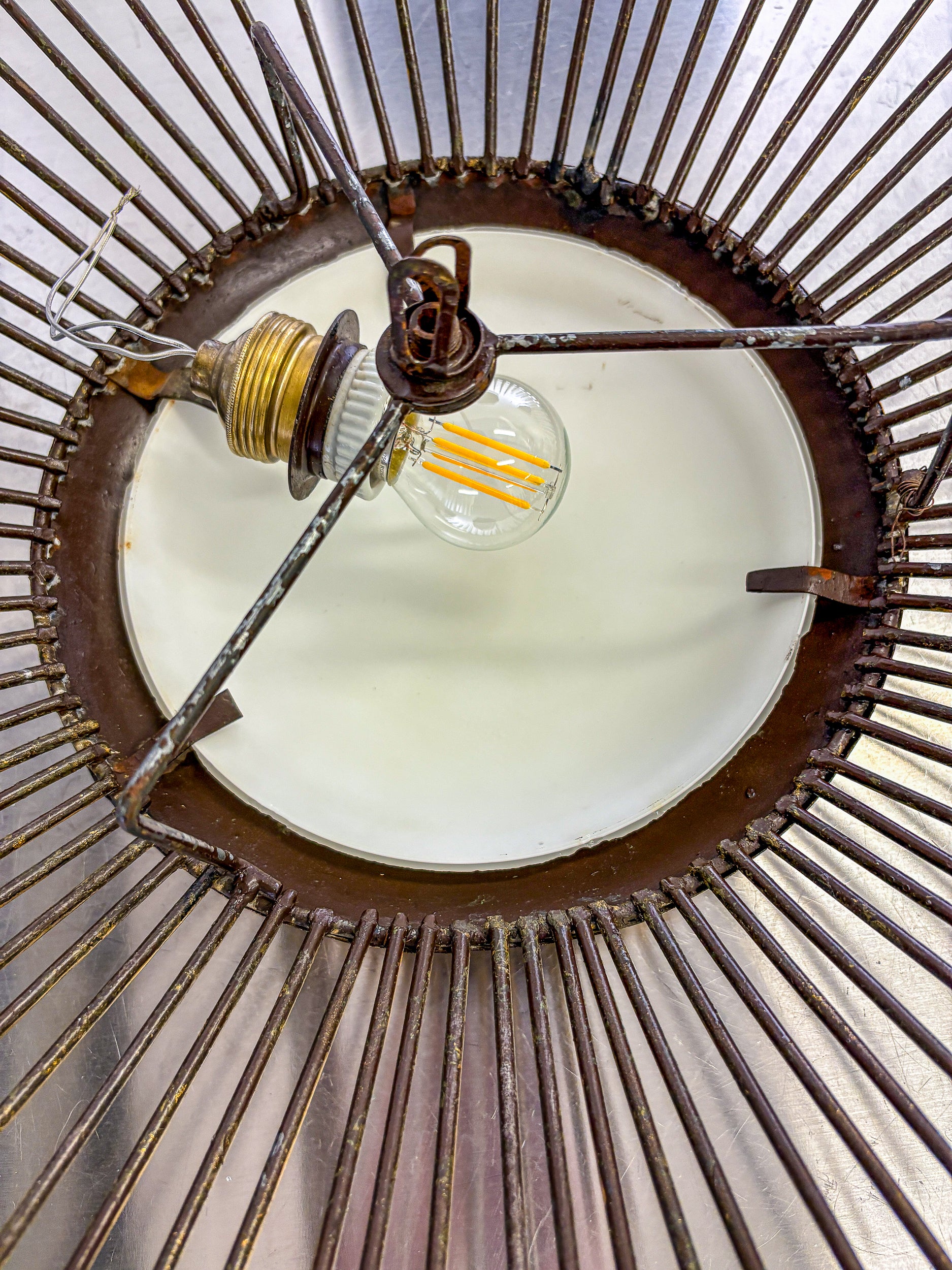 Large Sunburst Brutalist Ceiling Flush Mount or Pendant – Gilt Iron Rays & Opaline, France, 1950s