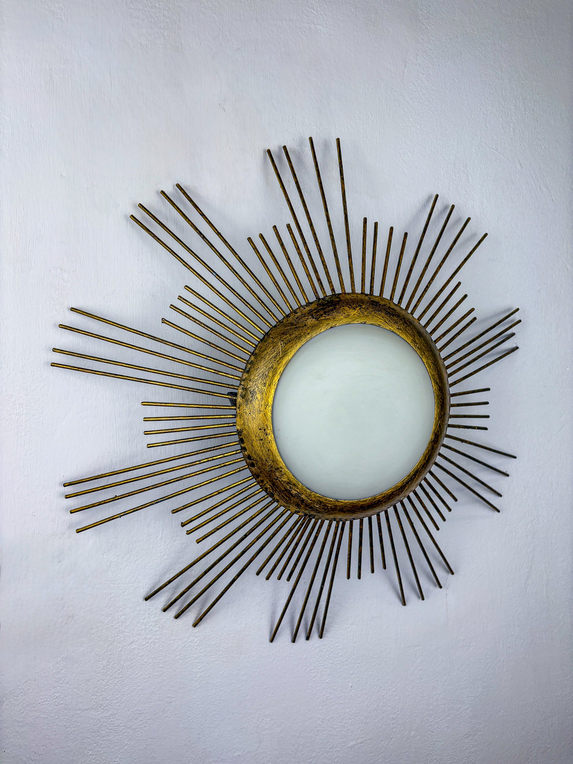 Large Sunburst Brutalist Ceiling Flush Mount or Pendant – Gilt Iron Rays & Opaline, France, 1950s