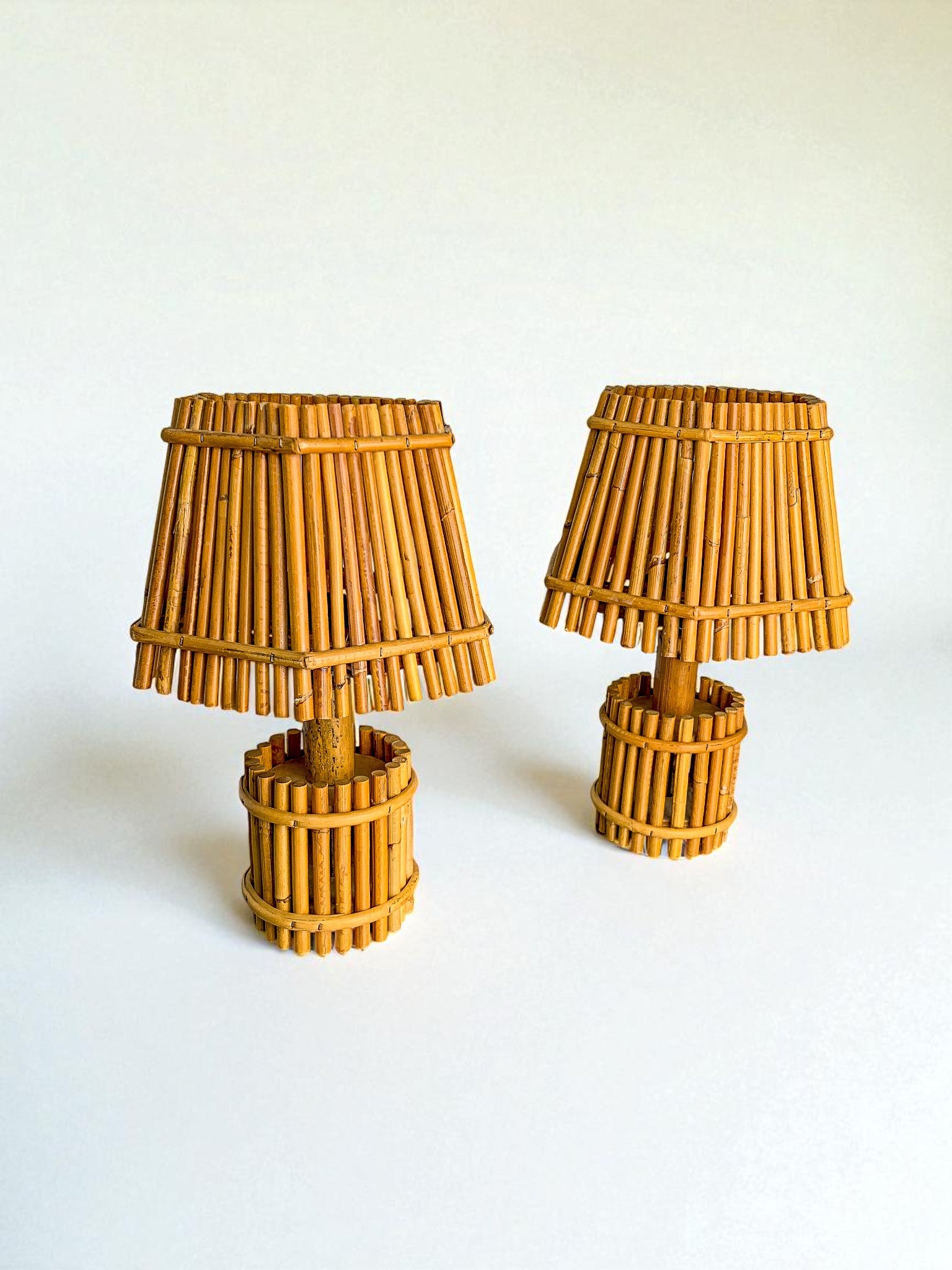 Pair of French Riviera Bamboo & Rattan Table Lamps, Louis Sognot's style, 1960s