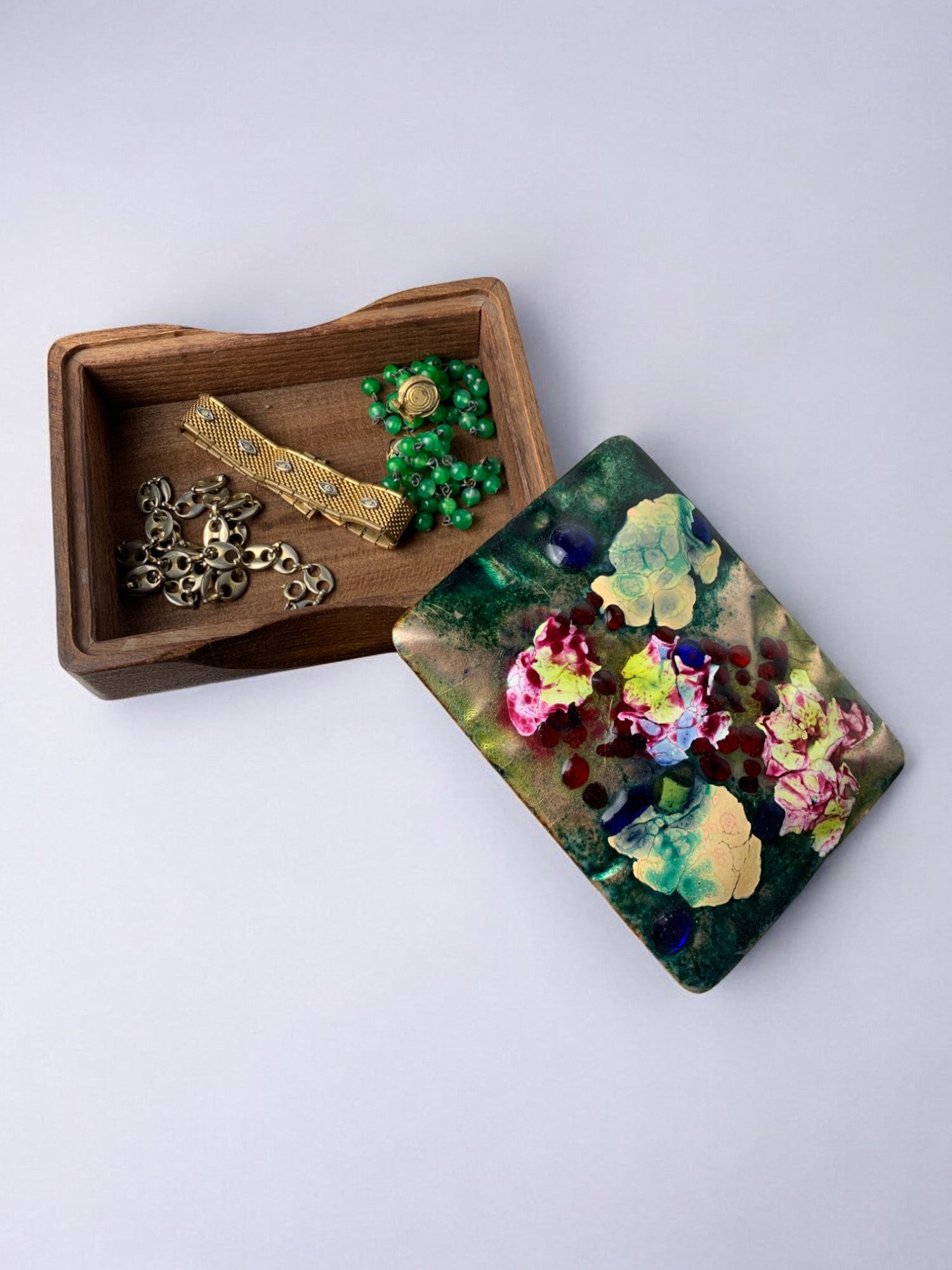 Modernist Wood and Enamel vanity Box by J. Capo Esmaltes, 1970's, Spain
