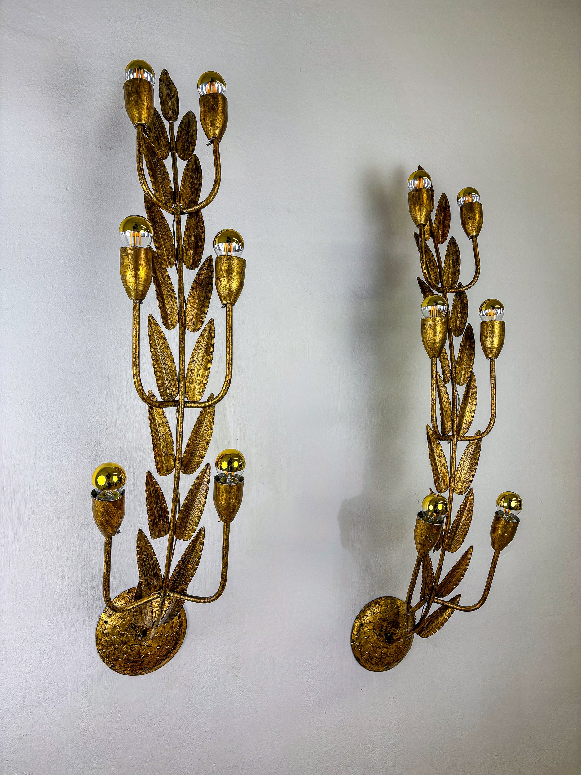 Pair of gilded Floral Wall Lights by Ferro Arte, XL size, Spain, 1960s