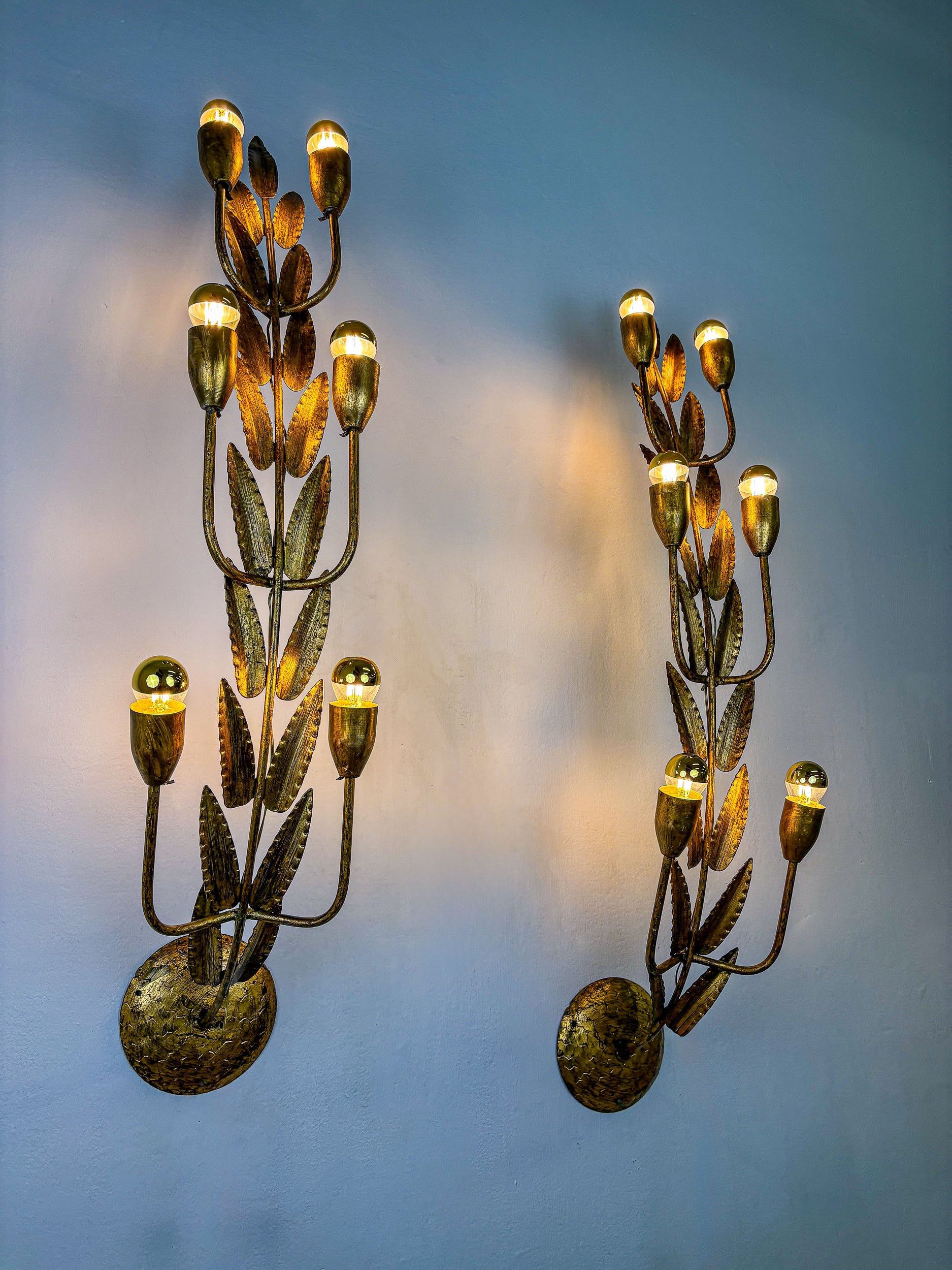 Pair of gilded Floral Wall Lights by Ferro Arte, XL size, Spain, 1960s