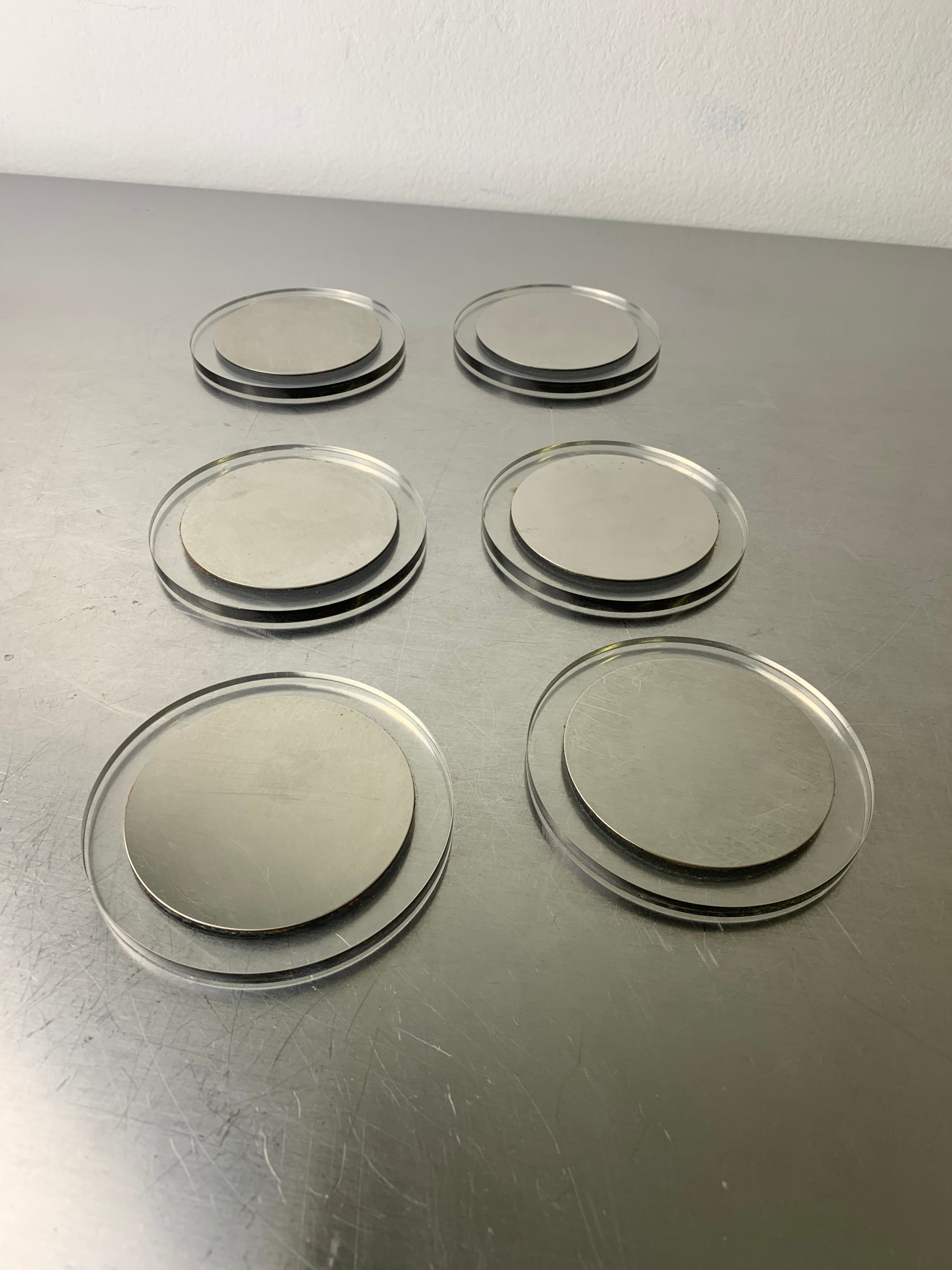 Space age Lucite & aluminium coasters, set of 6, Italy, 1980's