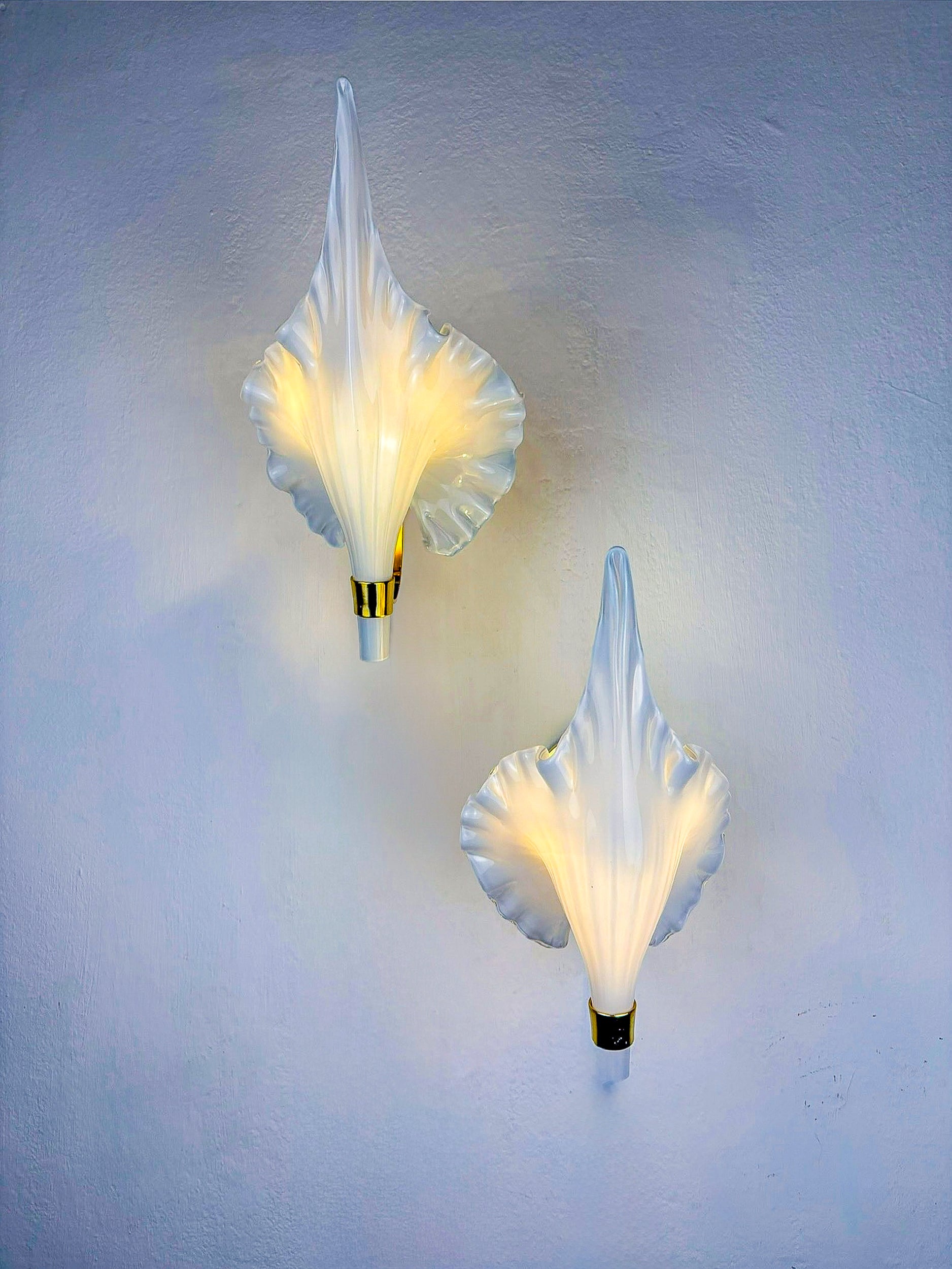 Pair of Italian "Calla Lily" Leaf-Shaped Wall Sconces, Murano Glass & Gilt Brass, Circa 1970's