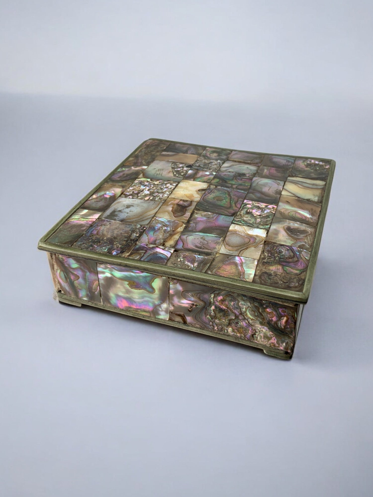 Abalone shell vanity box, Alpaca & wood, Mexico, circa 1980