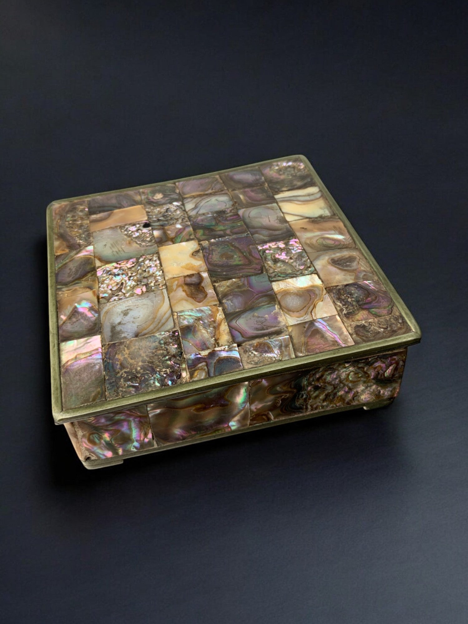 Abalone shell vanity box, Alpaca & wood, Mexico, circa 1980