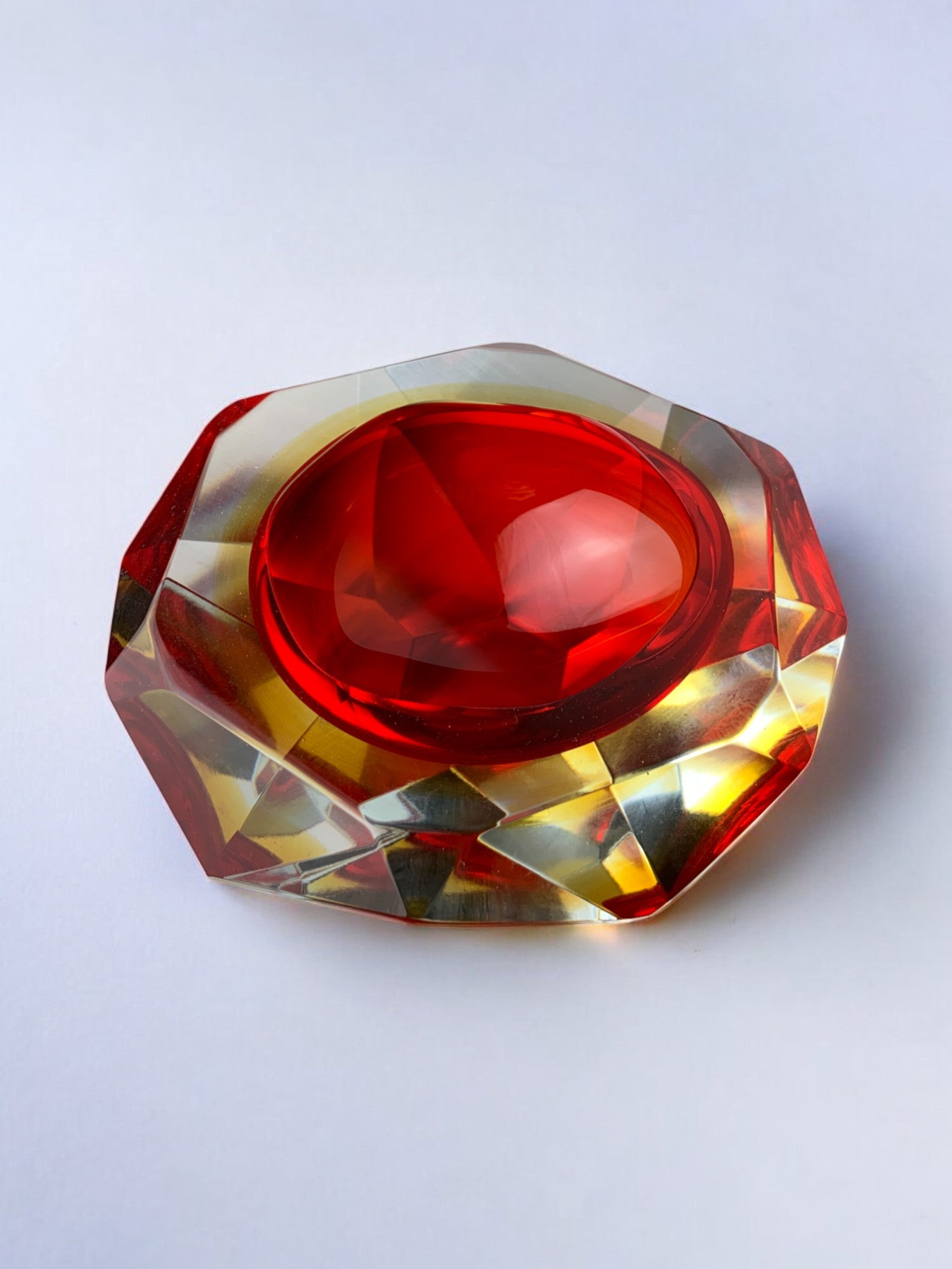 Red and yellow Sommerso ashtray by seguso, faceted glass, murano, italy, 1970