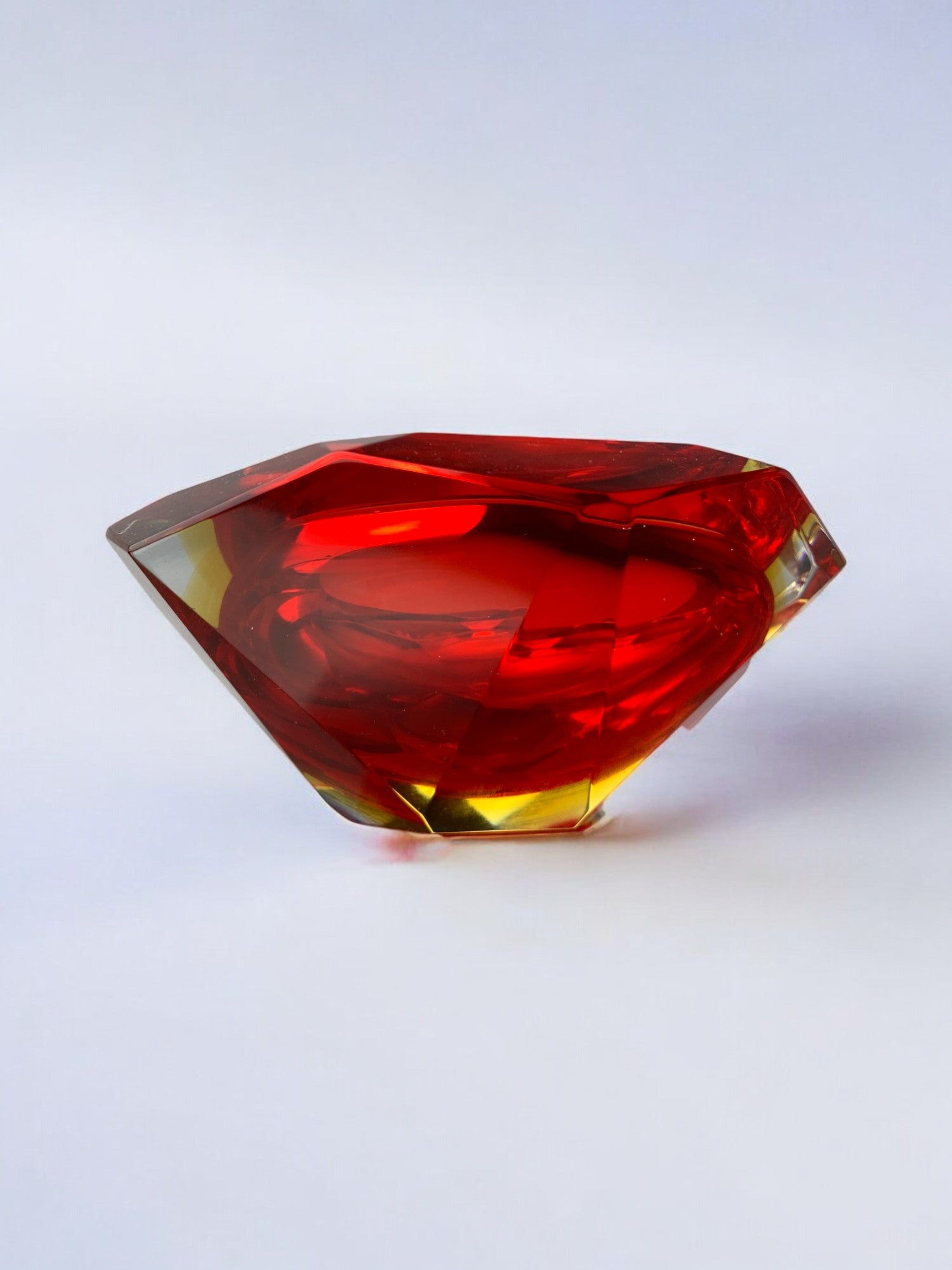 Red and yellow Sommerso ashtray by seguso, faceted glass, murano, italy, 1970