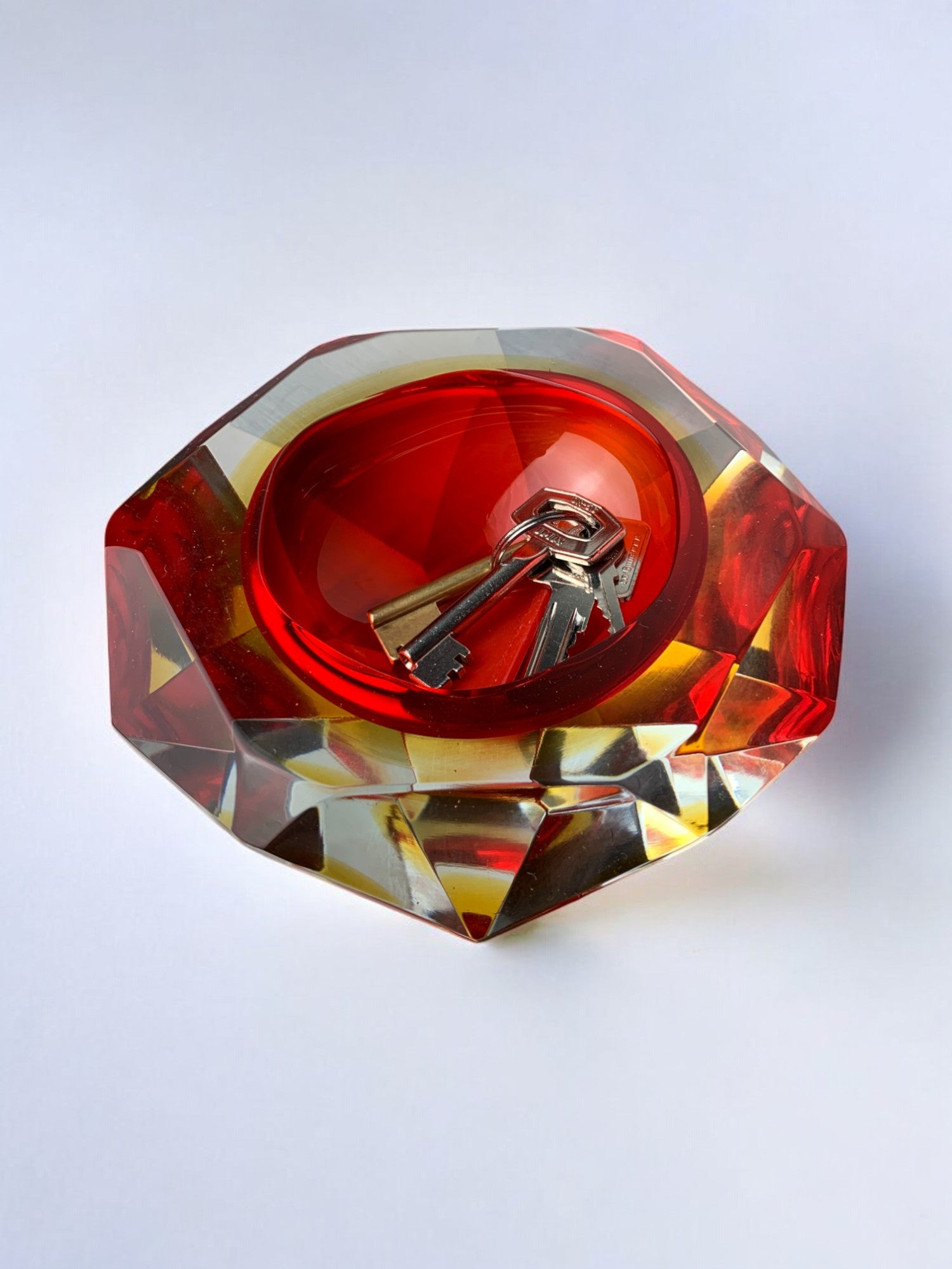Red and yellow Sommerso ashtray by seguso, faceted glass, murano, italy, 1970
