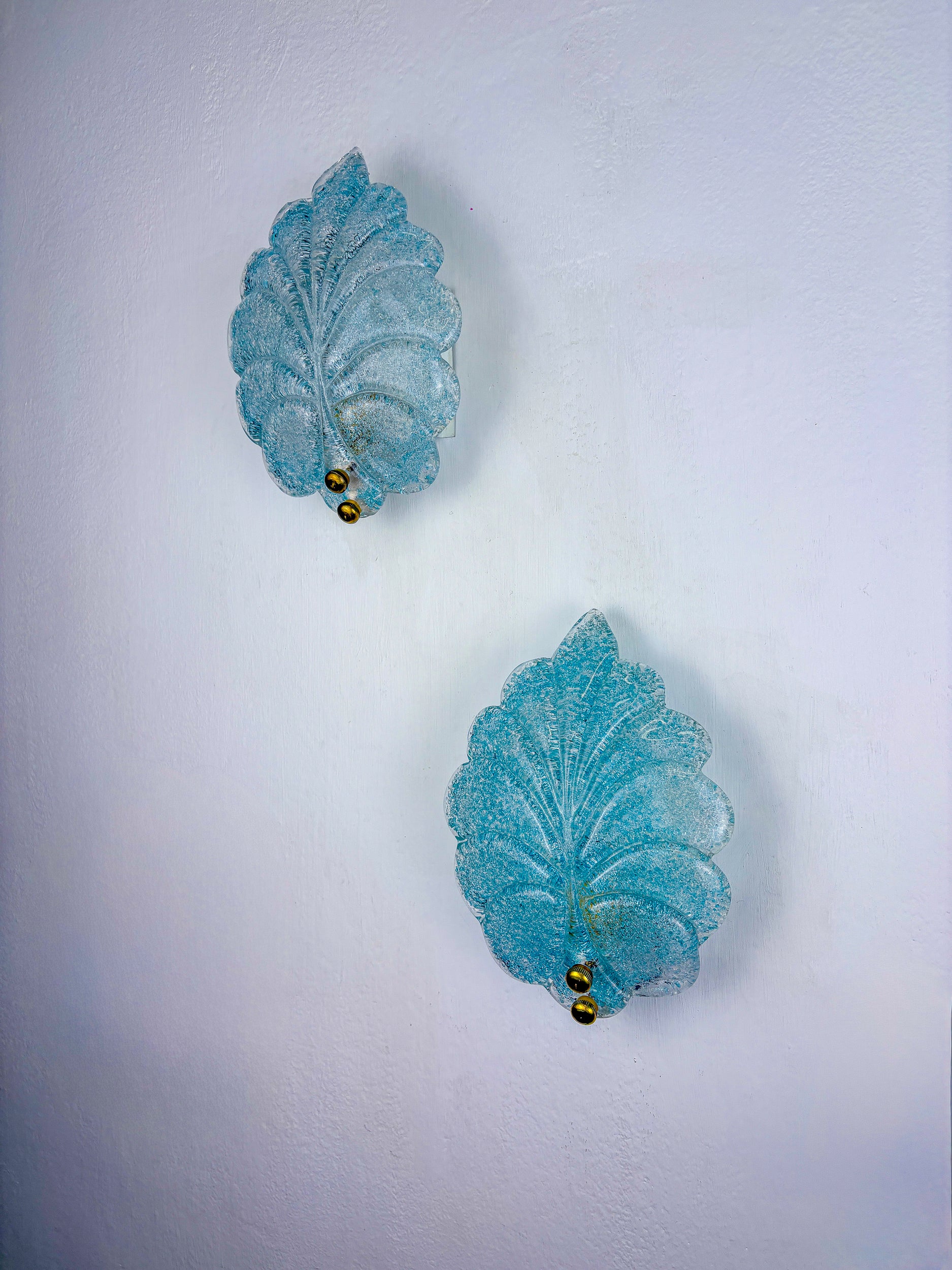 Pair of Barovier & Toso Leaf-Shaped Wall Sconces, Light Blue Murano Glass, Italy, 1960's