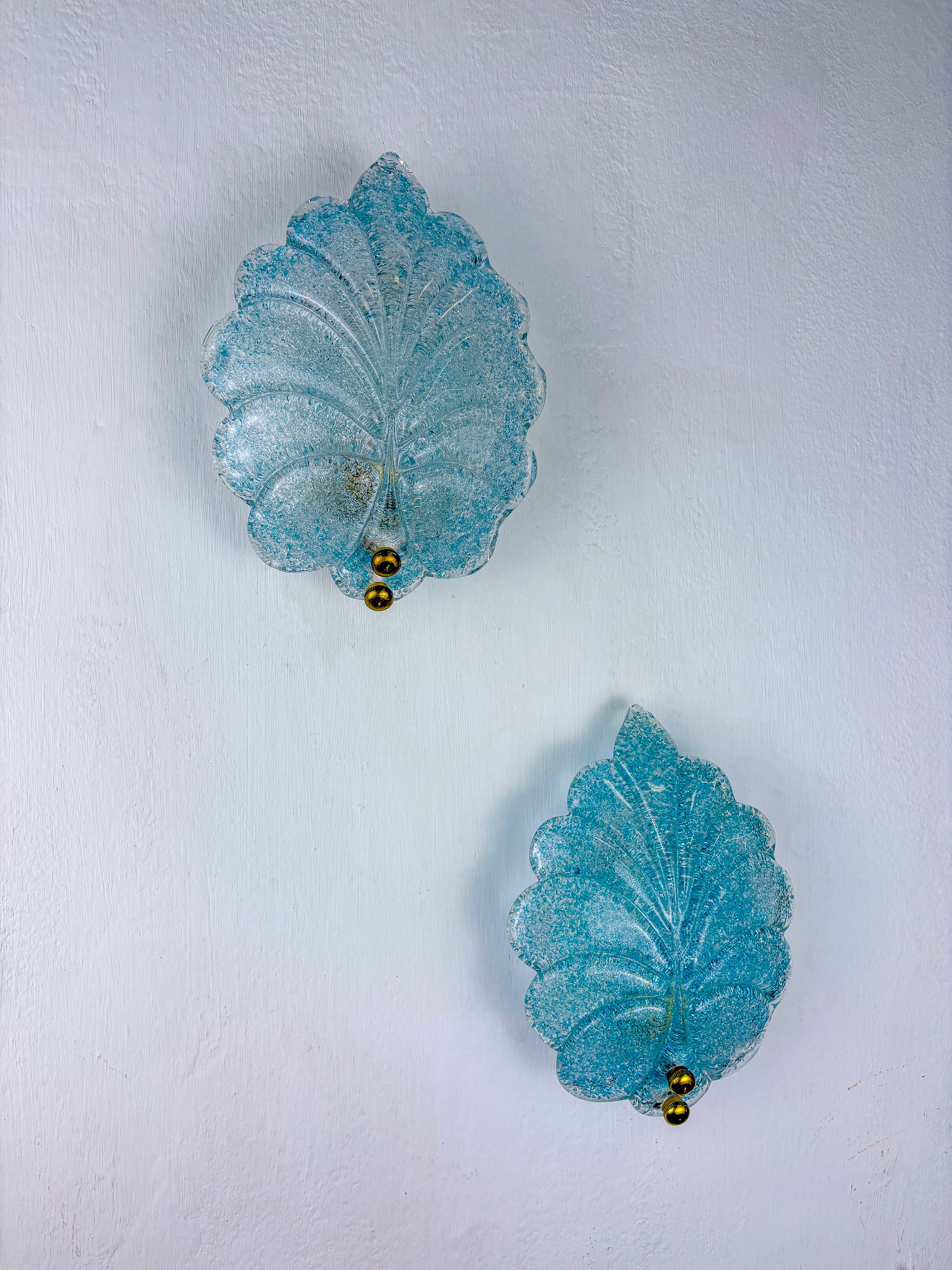 Pair of Barovier & Toso Leaf-Shaped Wall Sconces, Light Blue Murano Glass, Italy, 1960's