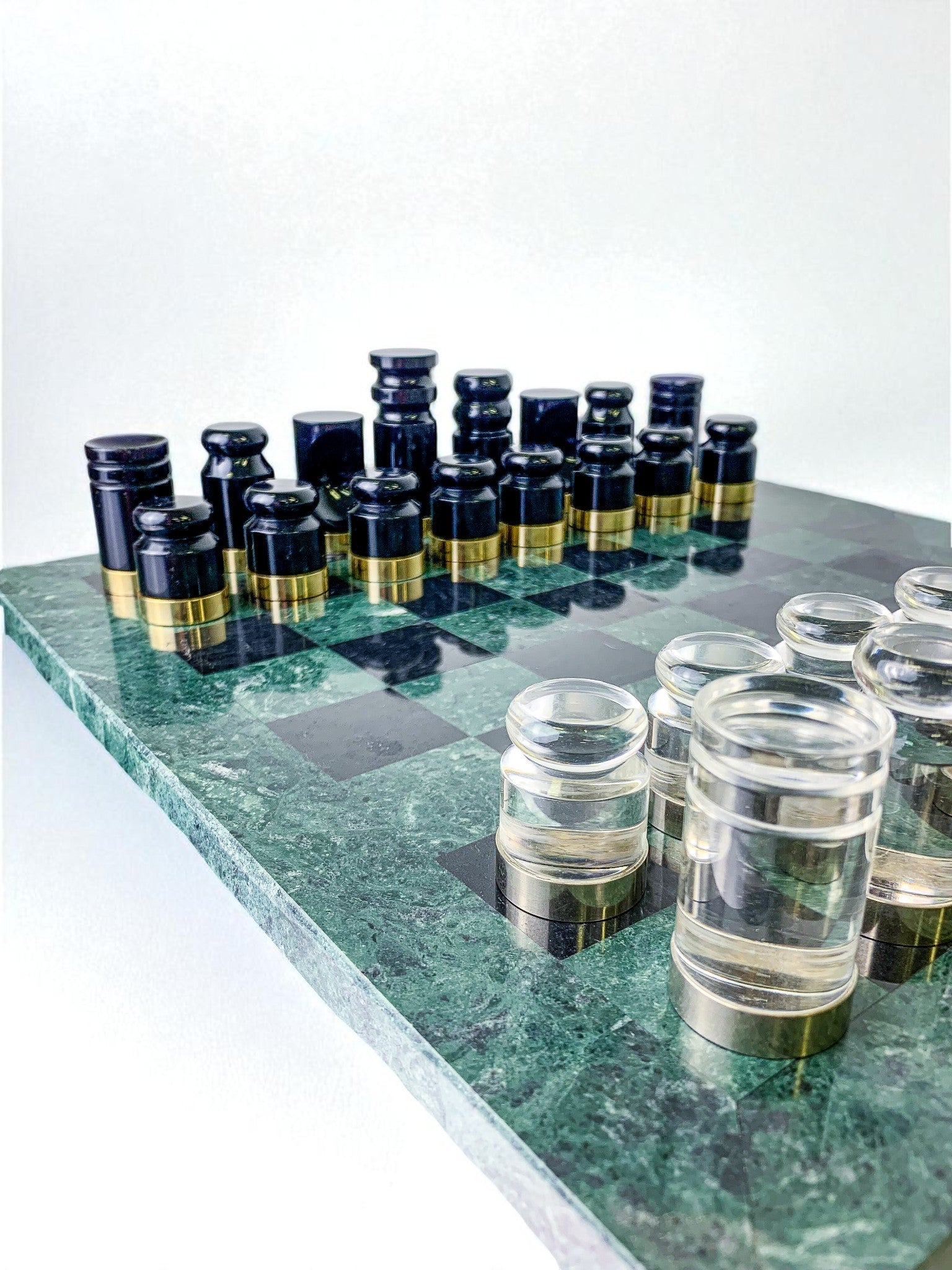 Acrylic & Gilt Brass Chess Set with Marble Board, Italy, 1970s