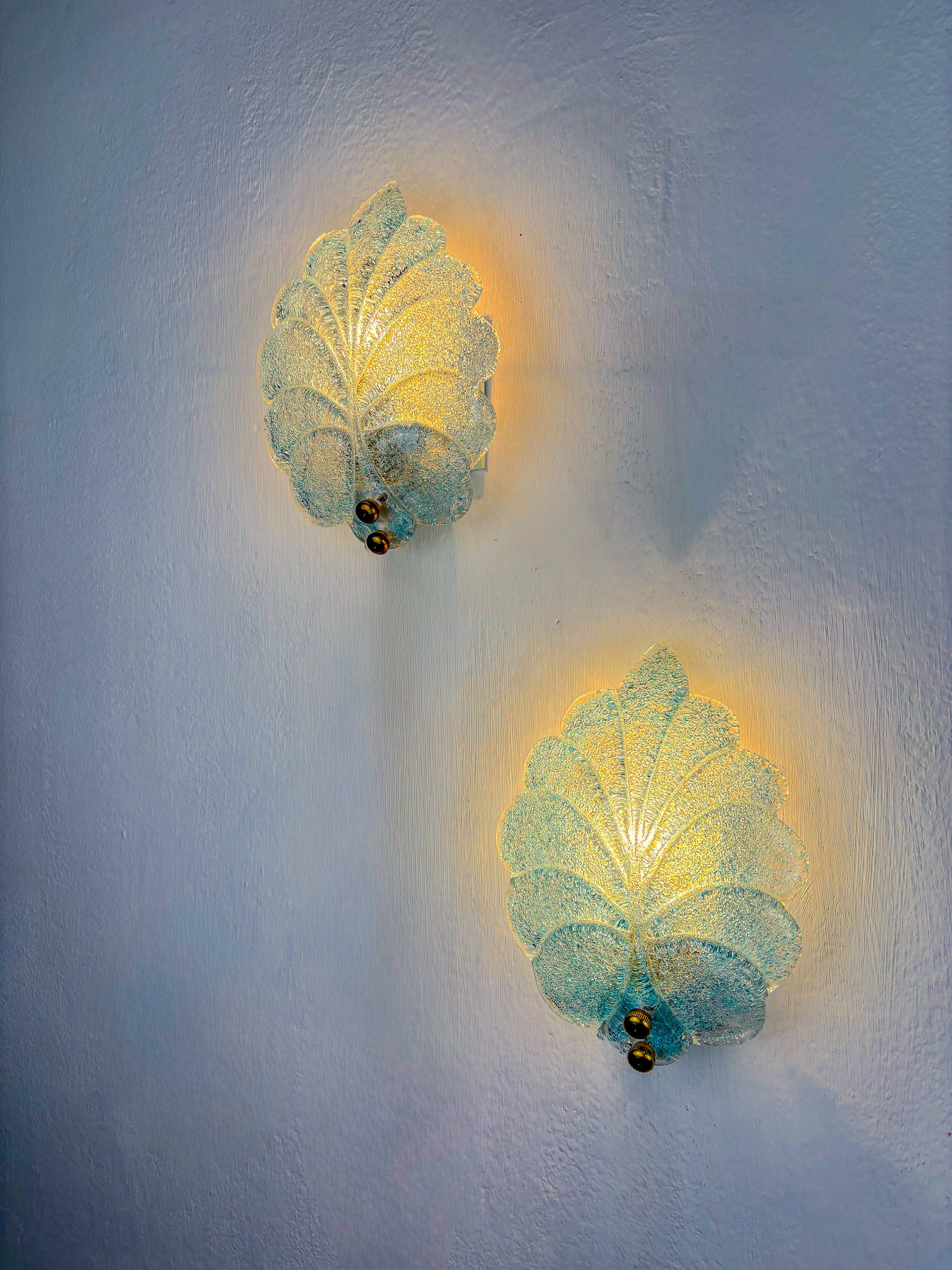 Pair of Barovier & Toso Leaf-Shaped Wall Sconces, Light Blue Murano Glass, Italy, 1960's
