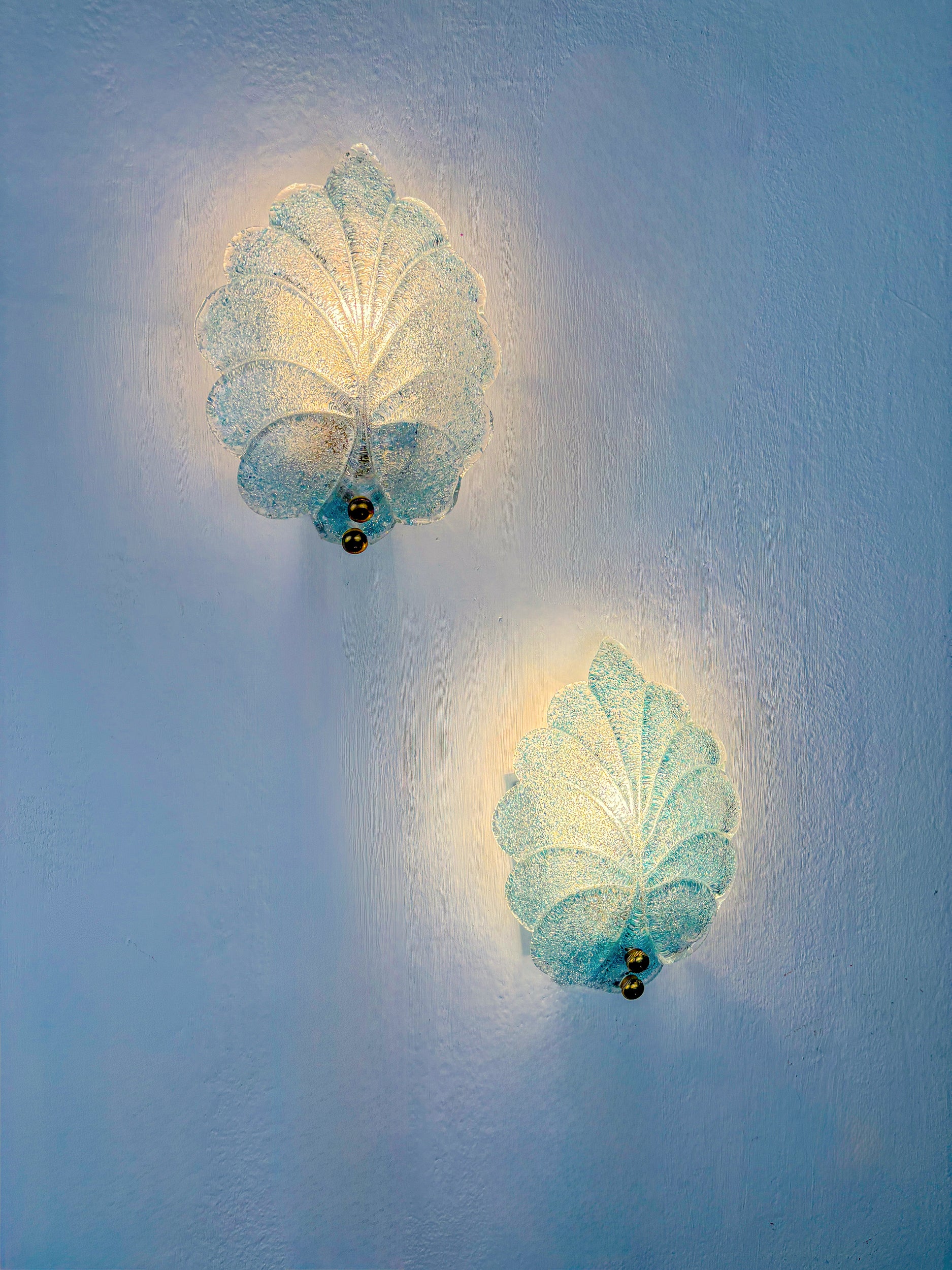 Pair of Barovier & Toso Leaf-Shaped Wall Sconces, Light Blue Murano Glass, Italy, 1960's