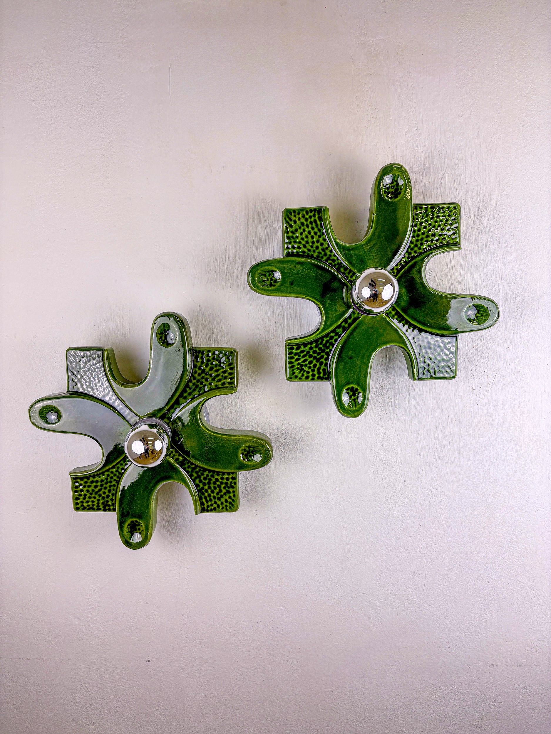 Pair of puzzle sconces by hustadt leuchten, Green ceramics, germany, 1960's