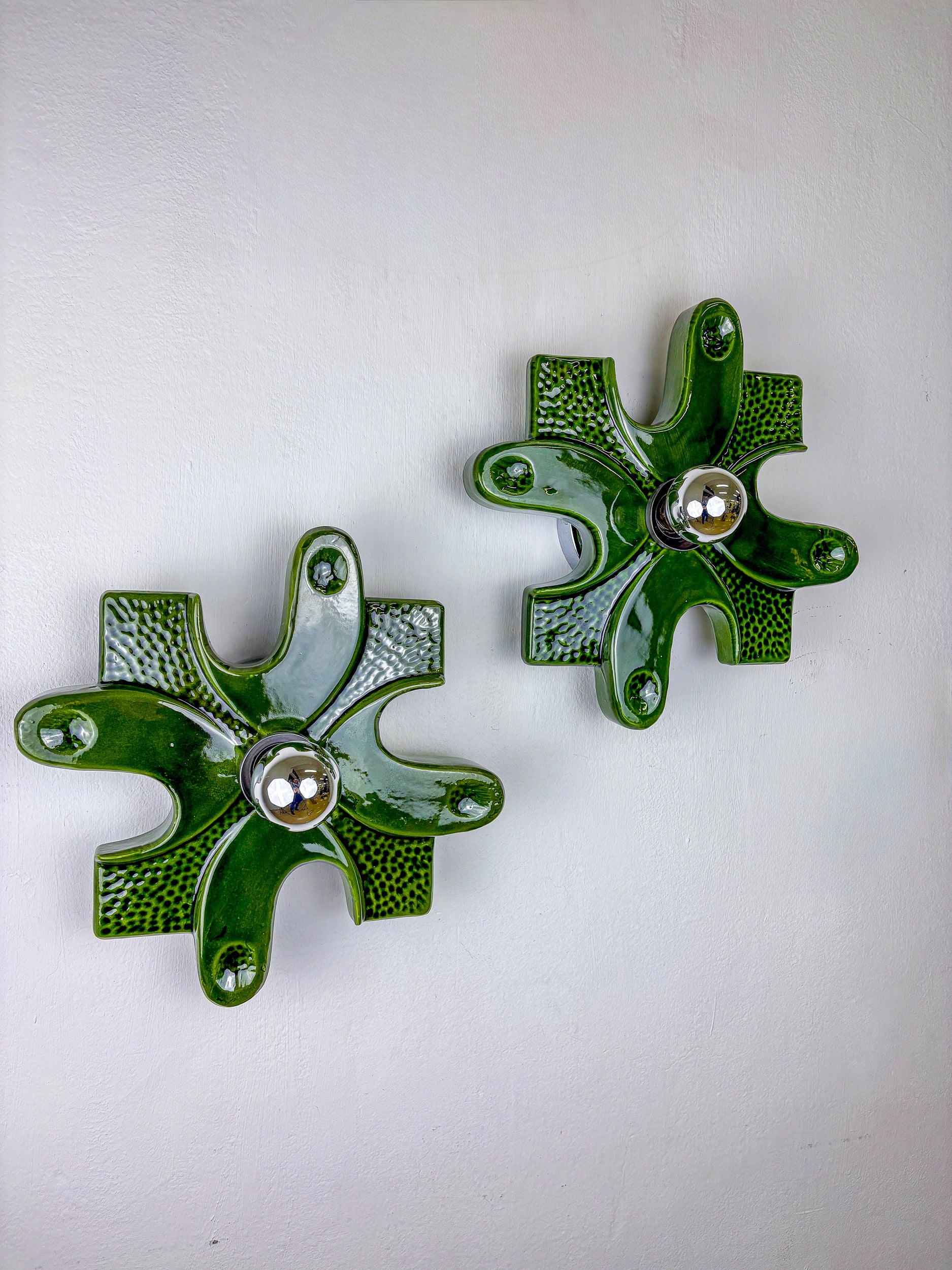 Pair of puzzle sconces by hustadt leuchten, Green ceramics, germany, 1960's