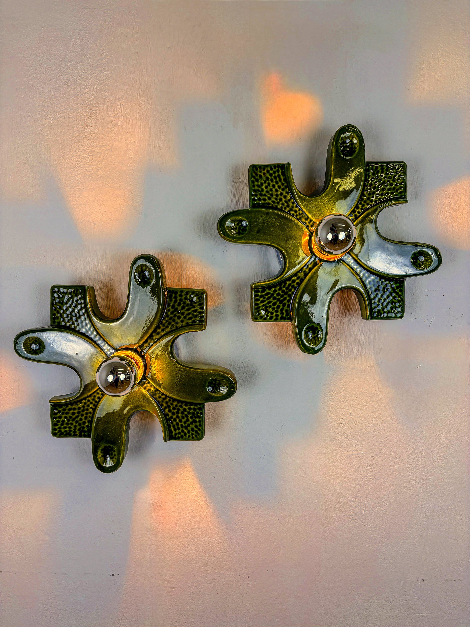 Pair of puzzle sconces by hustadt leuchten, Green ceramics, germany, 1960's